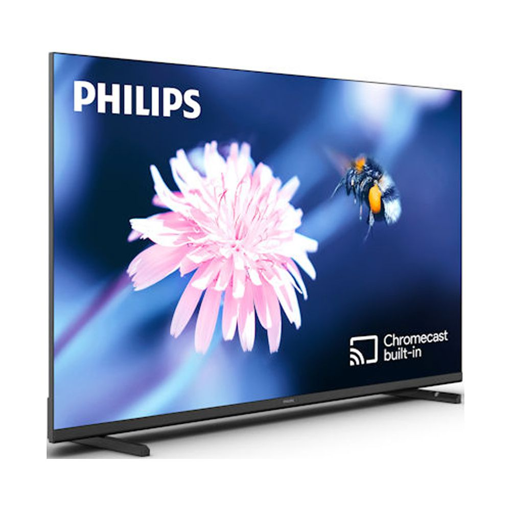 Telewizor Philips z kwiatem i pszczołą na ekranie, wbudowany Chromecast.