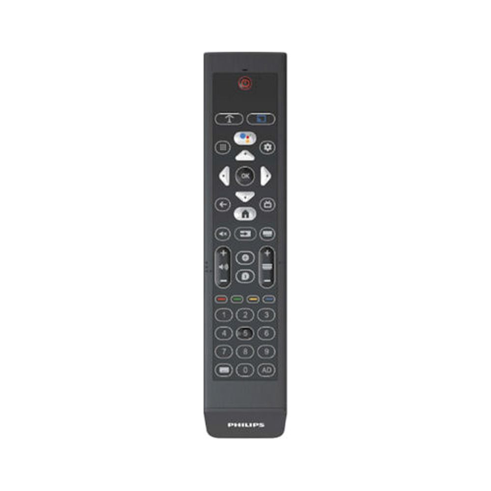 Ciemny pilot Philips z wieloma przyciskami i klawiaturą numeryczną.