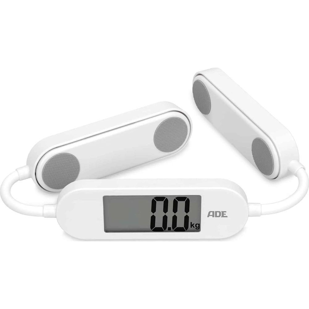 Biała cyfrowa waga pokazuje 0,0 kg, z dwoma czujnikami.