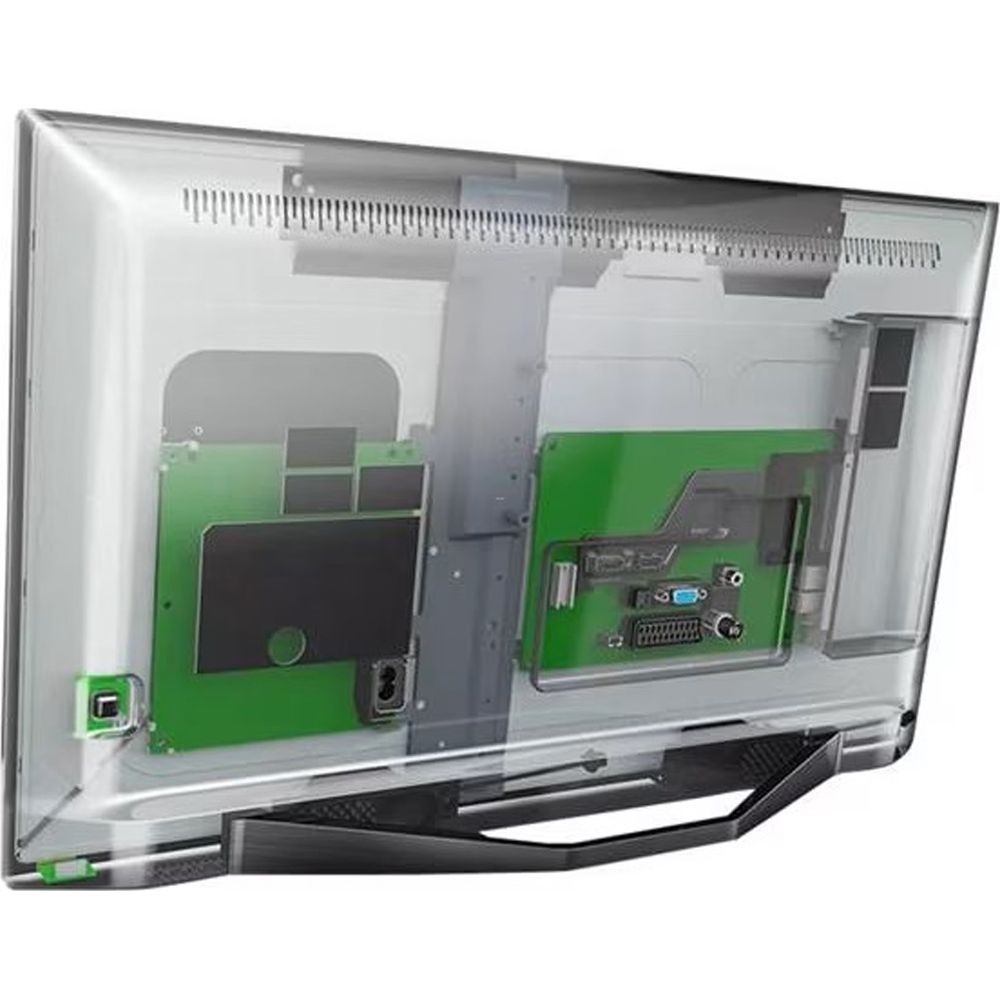 Widok z tyłu przezroczystego telewizora pokazujący płytki drukowane i złącza.