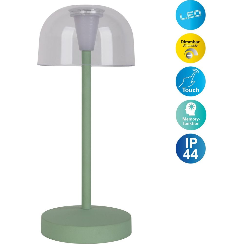 Lampada LED verde con paralume trasparente, dimmerabile, touch, memoria, IP44.
