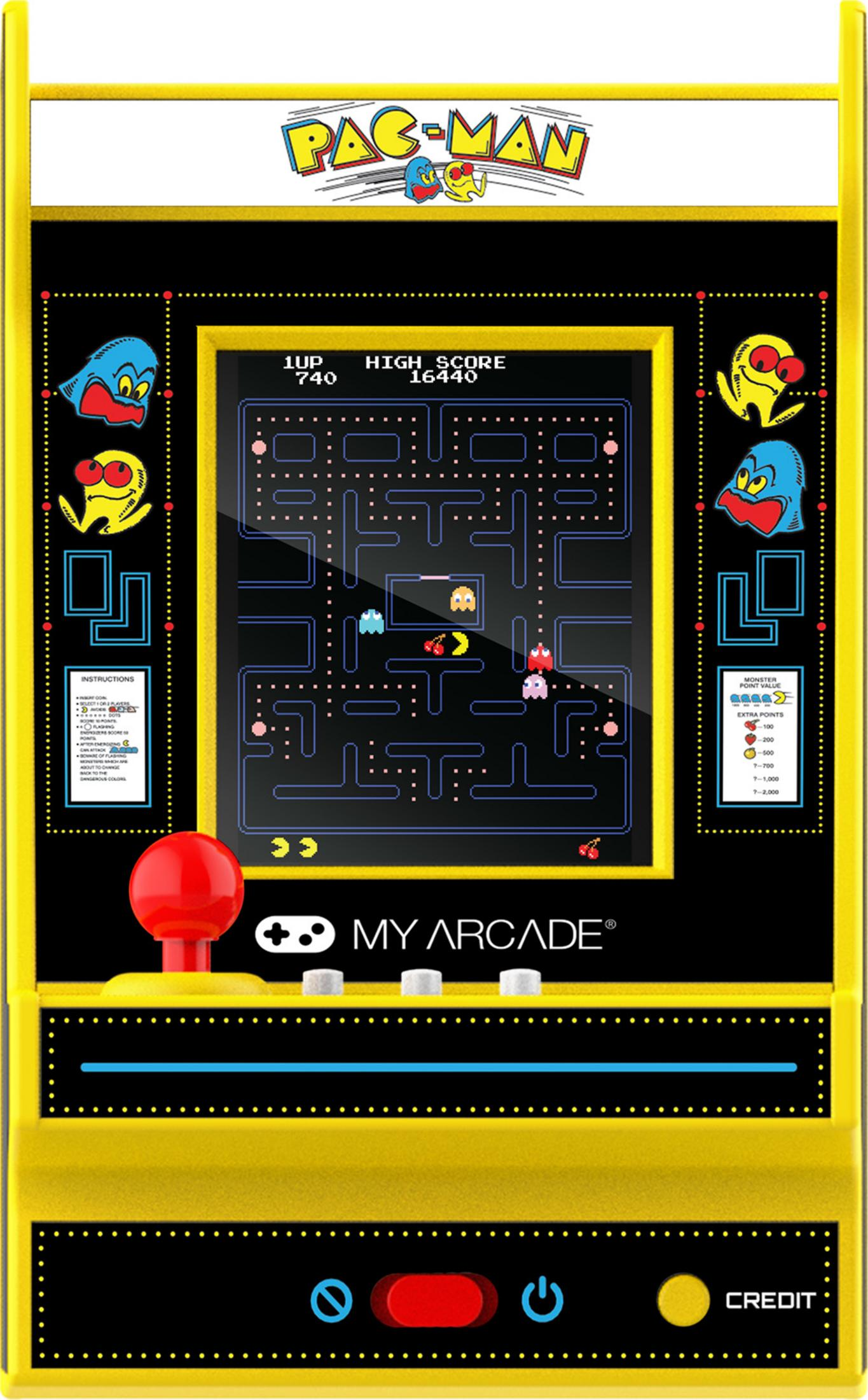 Automat Pac-Man z joystickiem, ekranem gry i przyciskami sterującymi.