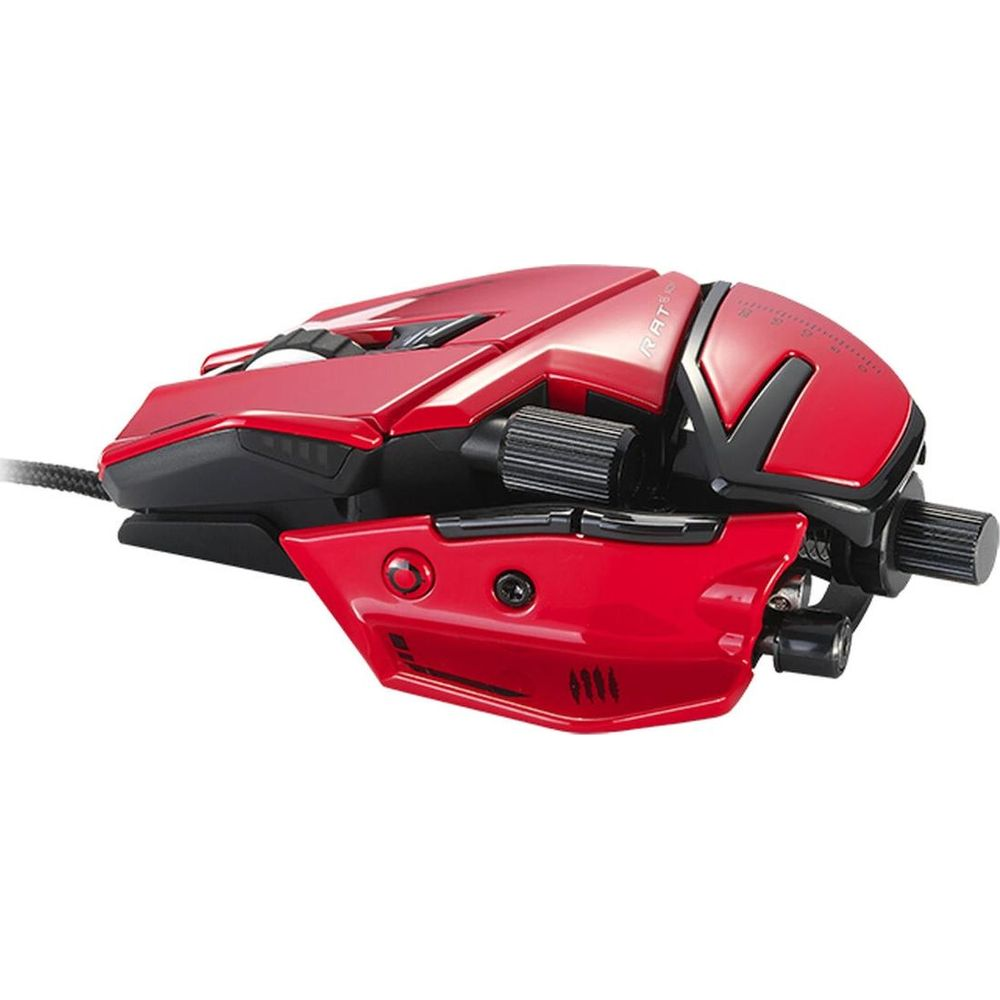 Czerwona mysz gamingowa z czarnymi akcentami i radełkowanymi kółkami.