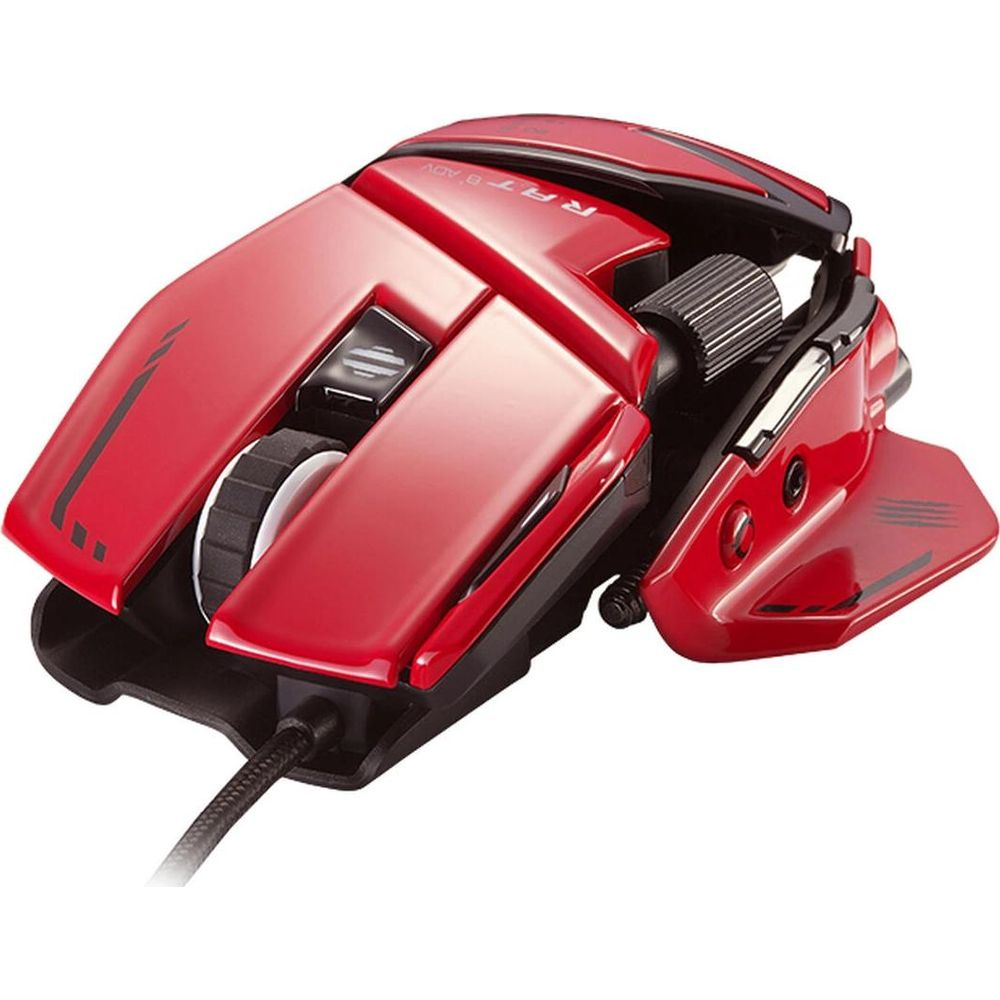 Czerwona mysz gamingowa z czarnym kółkiem i kablem na białym tle.