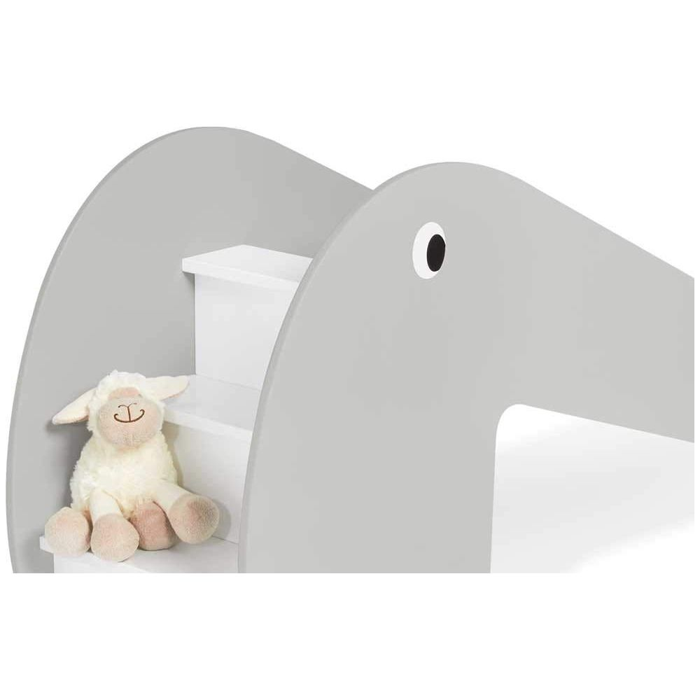 Scaffale elefante grigio con gradini bianchi e pecorella.