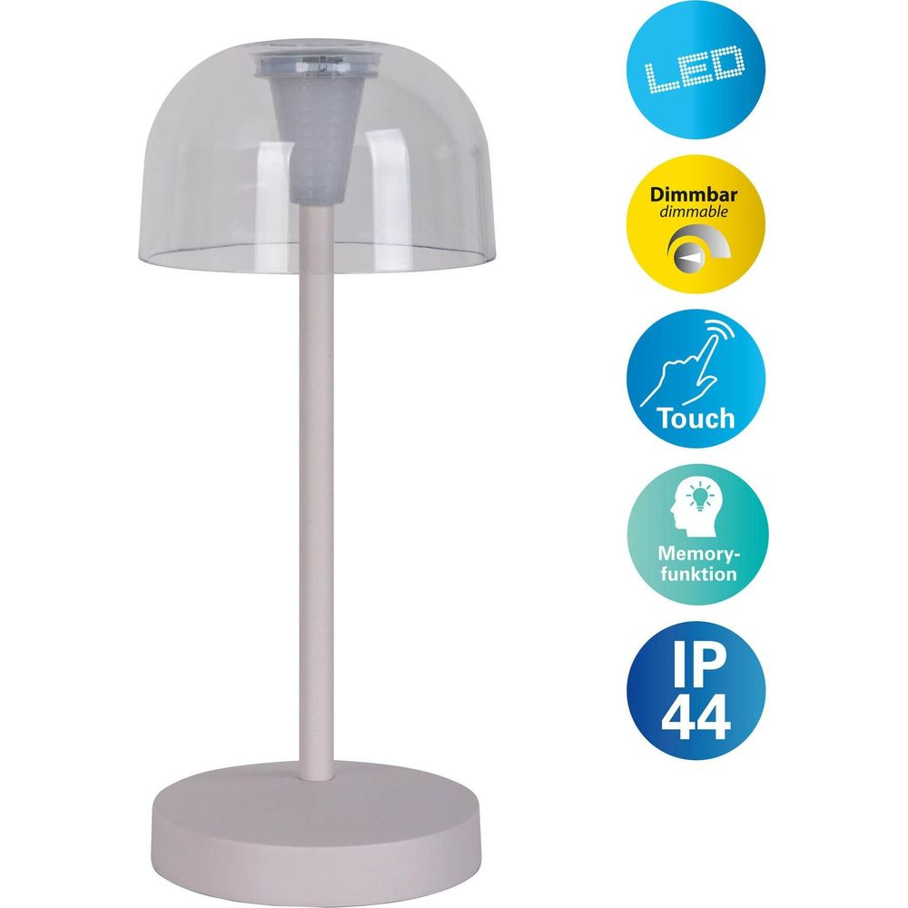 Eine weiße LED-Tischlampe mit transparentem Schirm und runder Basis.