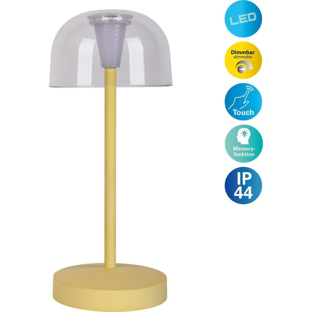 Una lampada da terra gialla con cupola trasparente e display a LED.