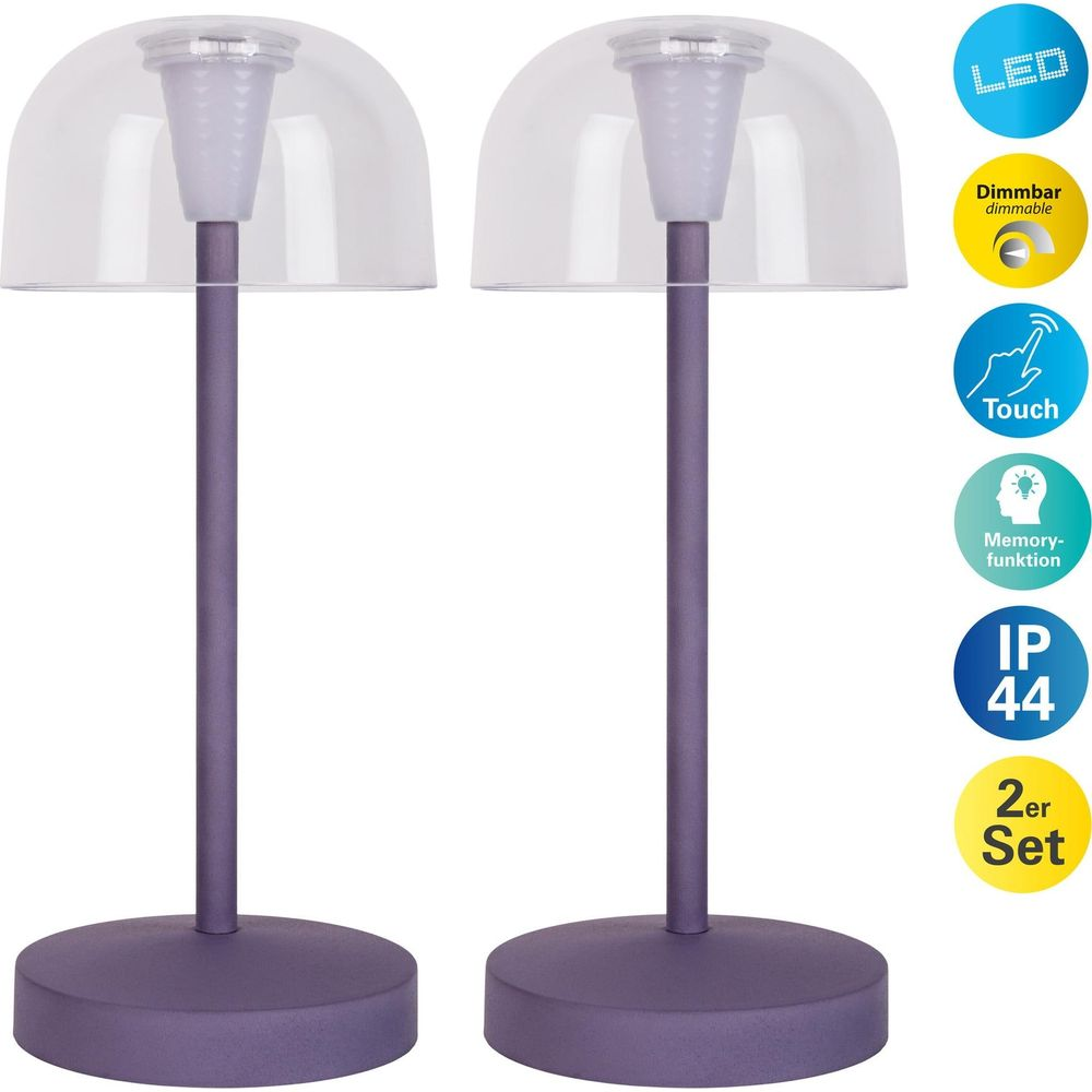 Due lampade da comodino viola con cupola trasparente.