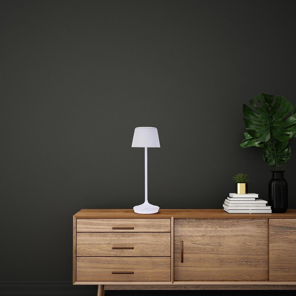 Eine weiße Lampe steht auf einer Holzkommode neben Pflanzen und Büchern.