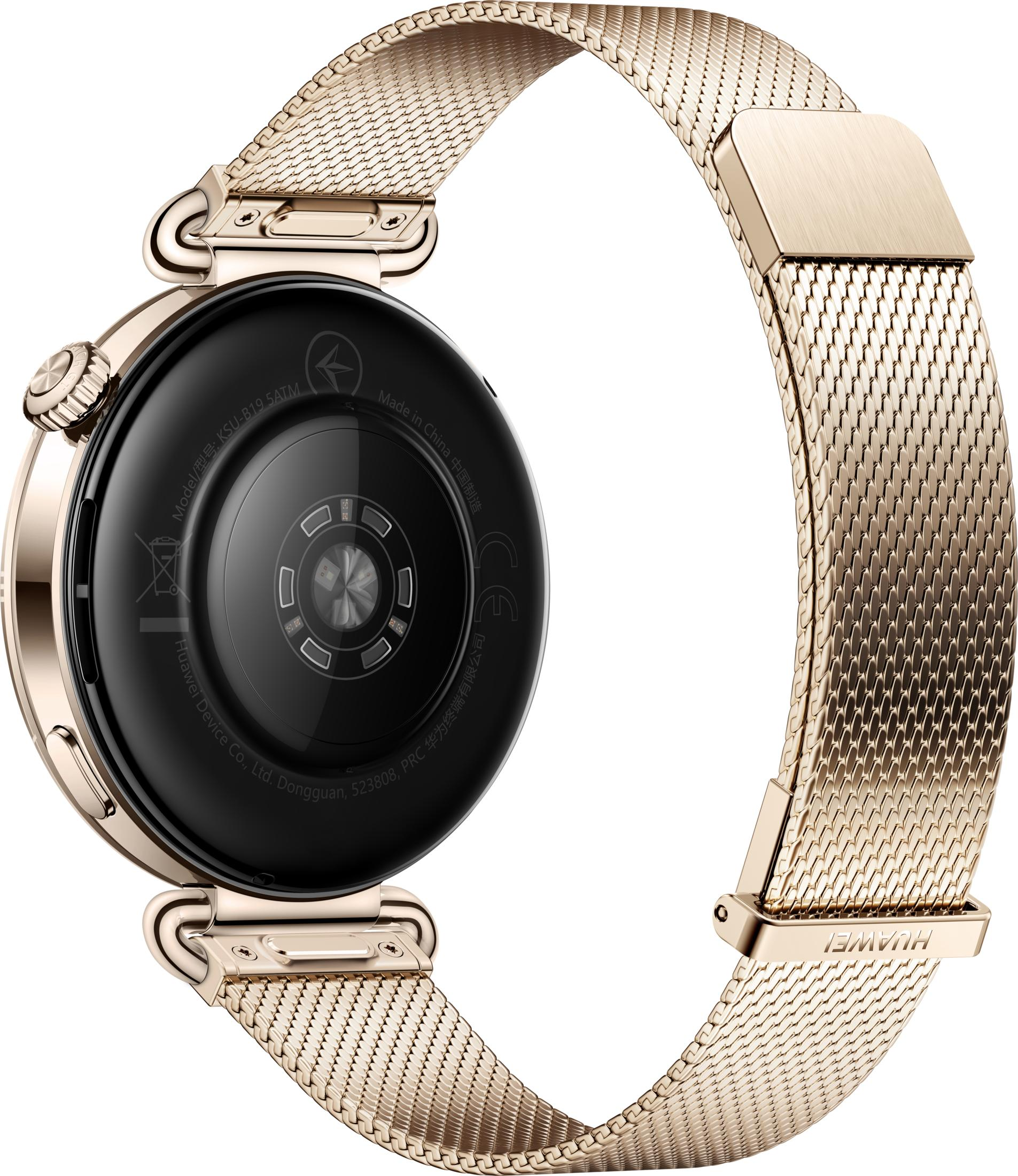 Een gouden smartwatch met Milanese band, de achterkant is zwart.