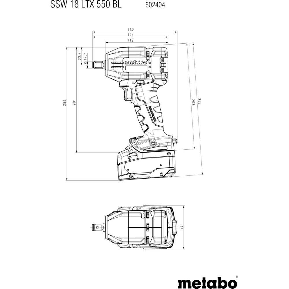 Technische Zeichnung eines Metabo Akkuschlagschraubers mit Maßen.