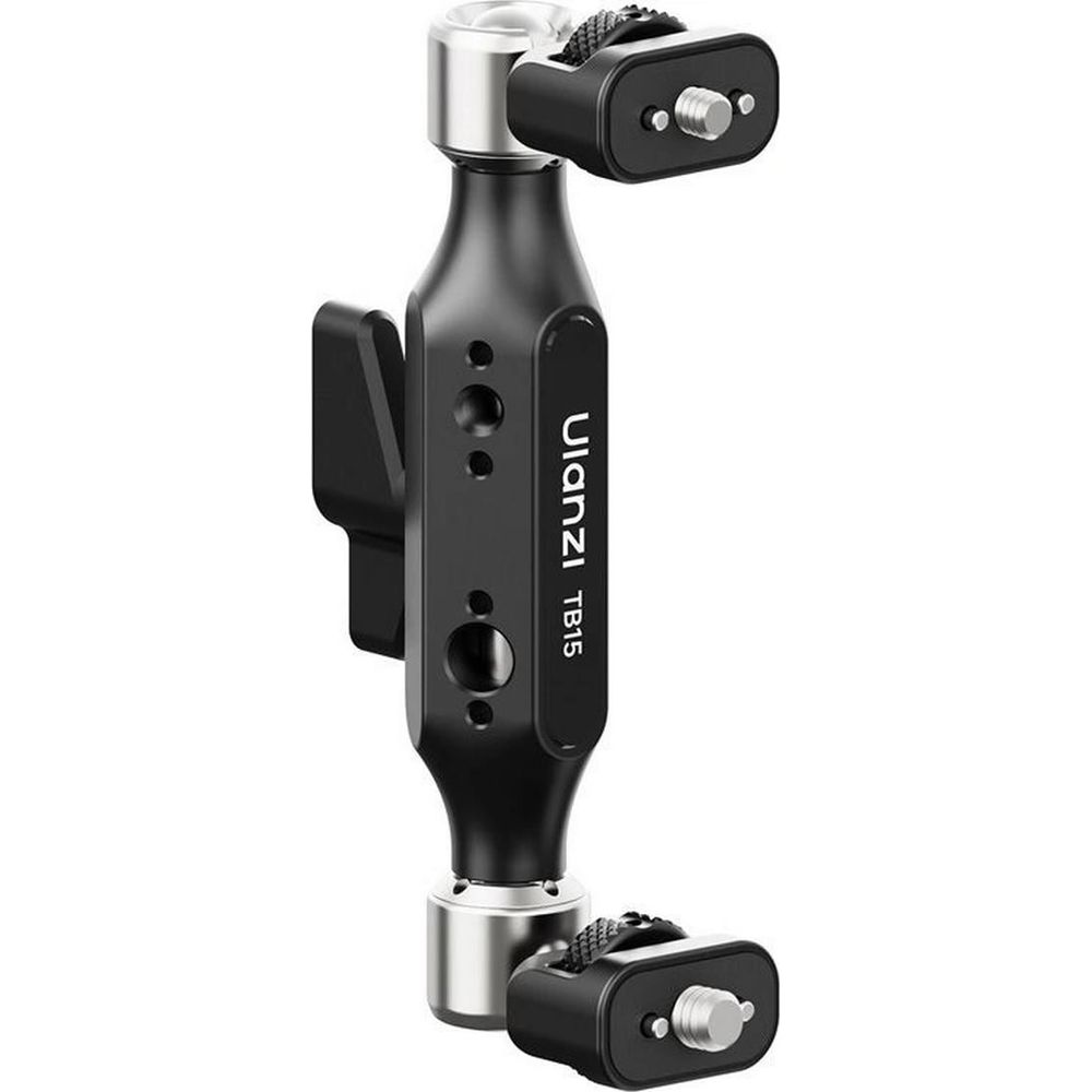 Czarny uchwyt kamery ze srebrnymi zaciskami i śrubami.