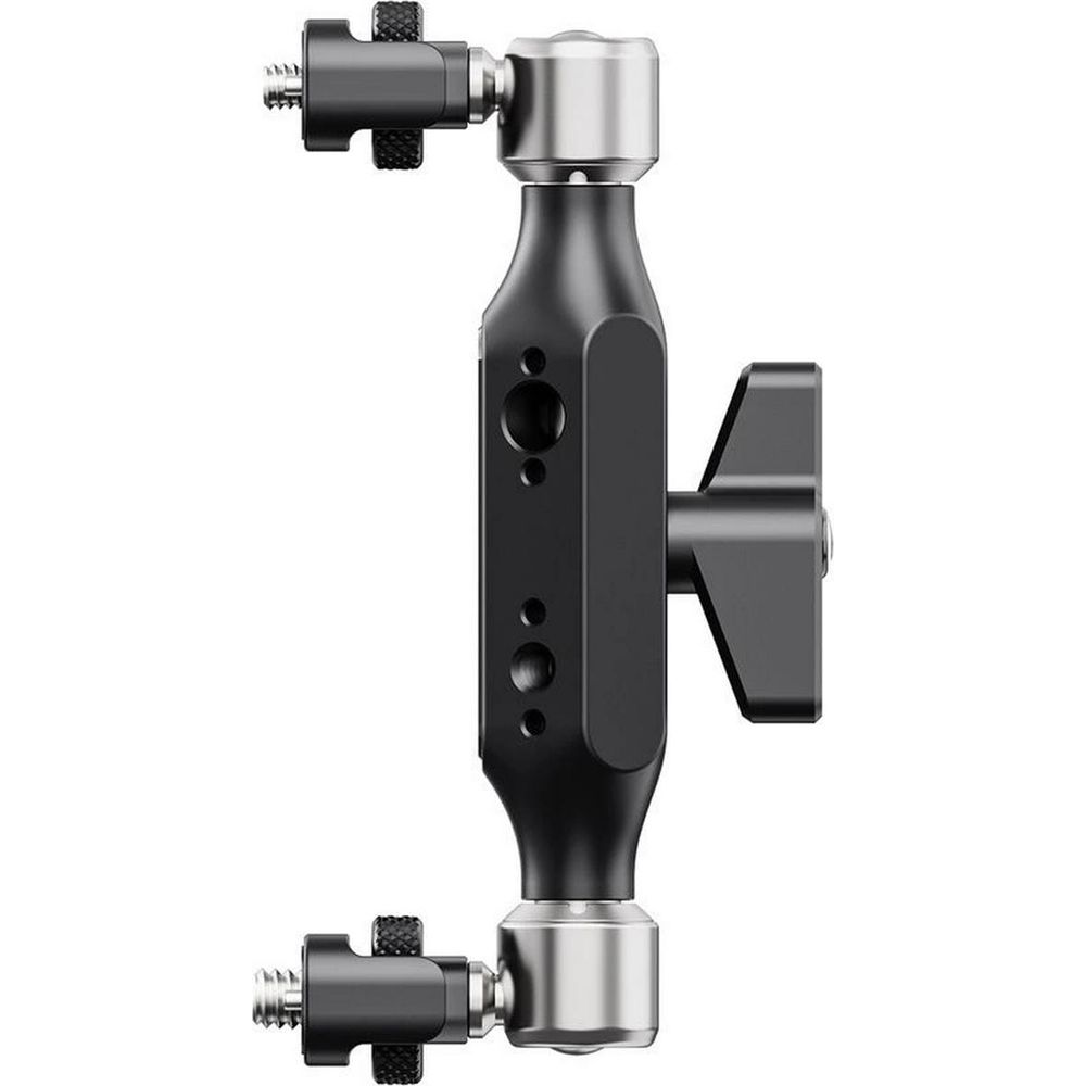 Czarny ramię mocowania kamery ze srebrnymi przegubami i radełkowanymi śrubami.