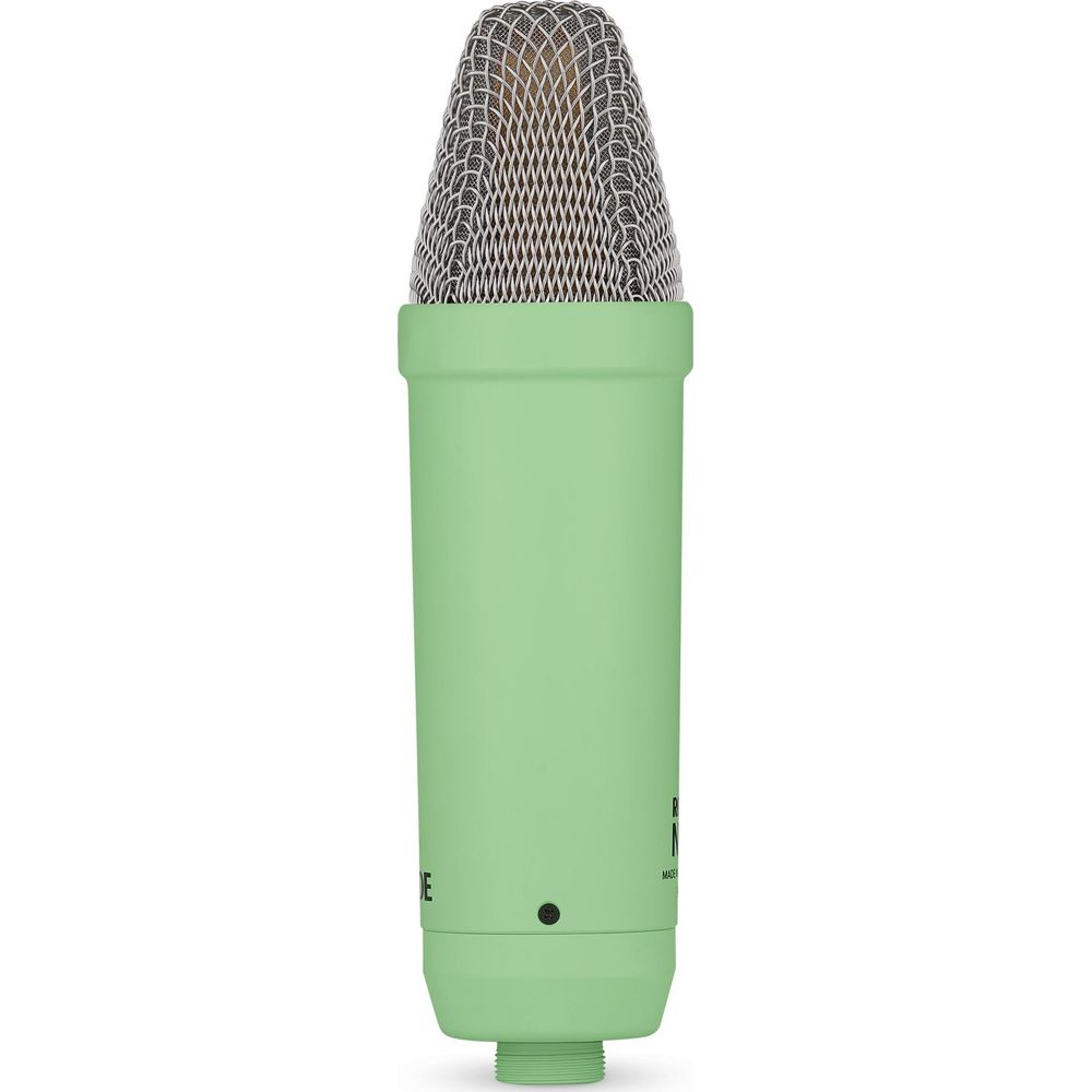 Jasnozielony mikrofon ze srebrną głowicą i gwintem.
