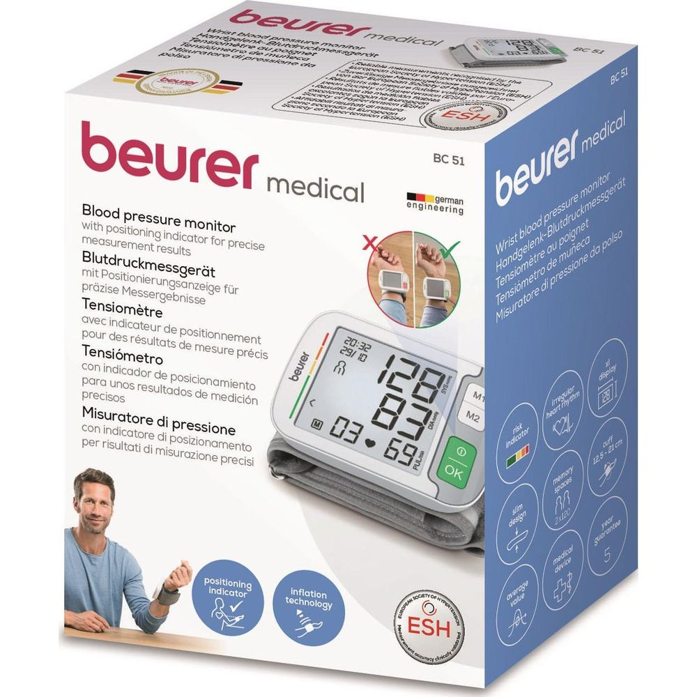 Verpakking van een bloeddrukmeter met productafbeeldingen en teksten.