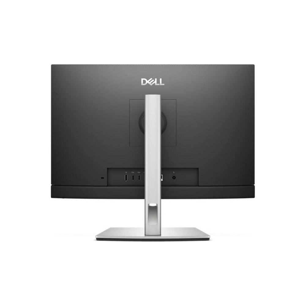 Rückseite eines schwarzen Dell Monitors mit silbernem Standfuß und Anschlüssen.