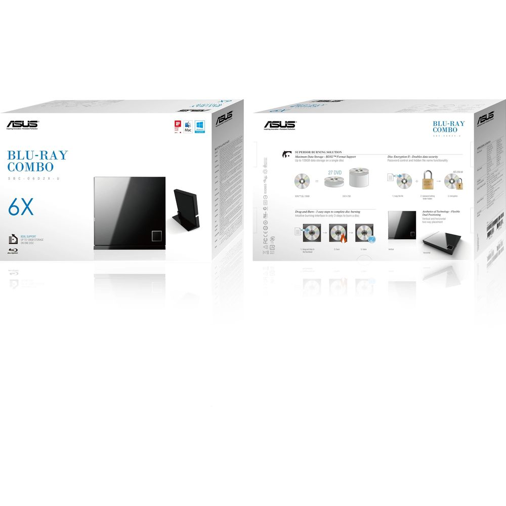 Napęd ASUS Blu-ray Combo 6X w obudowie zewnętrznej z akcesoriami.