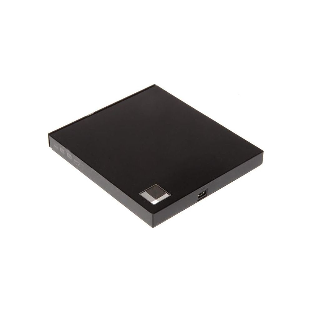 Czarny zewnętrzny napęd CD/DVD z portem USB i małym portem ładowania.