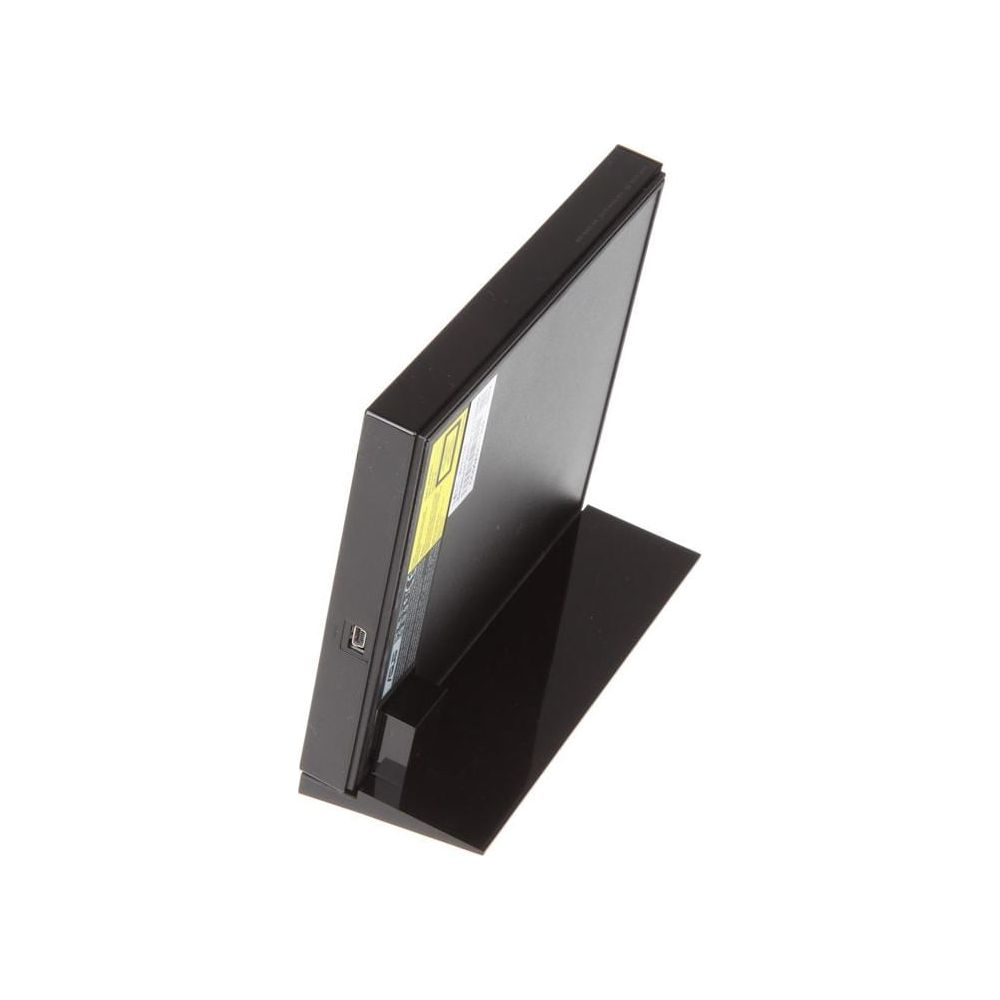 Czarny zewnętrzny napęd CD/DVD na stojaku na białym tle.