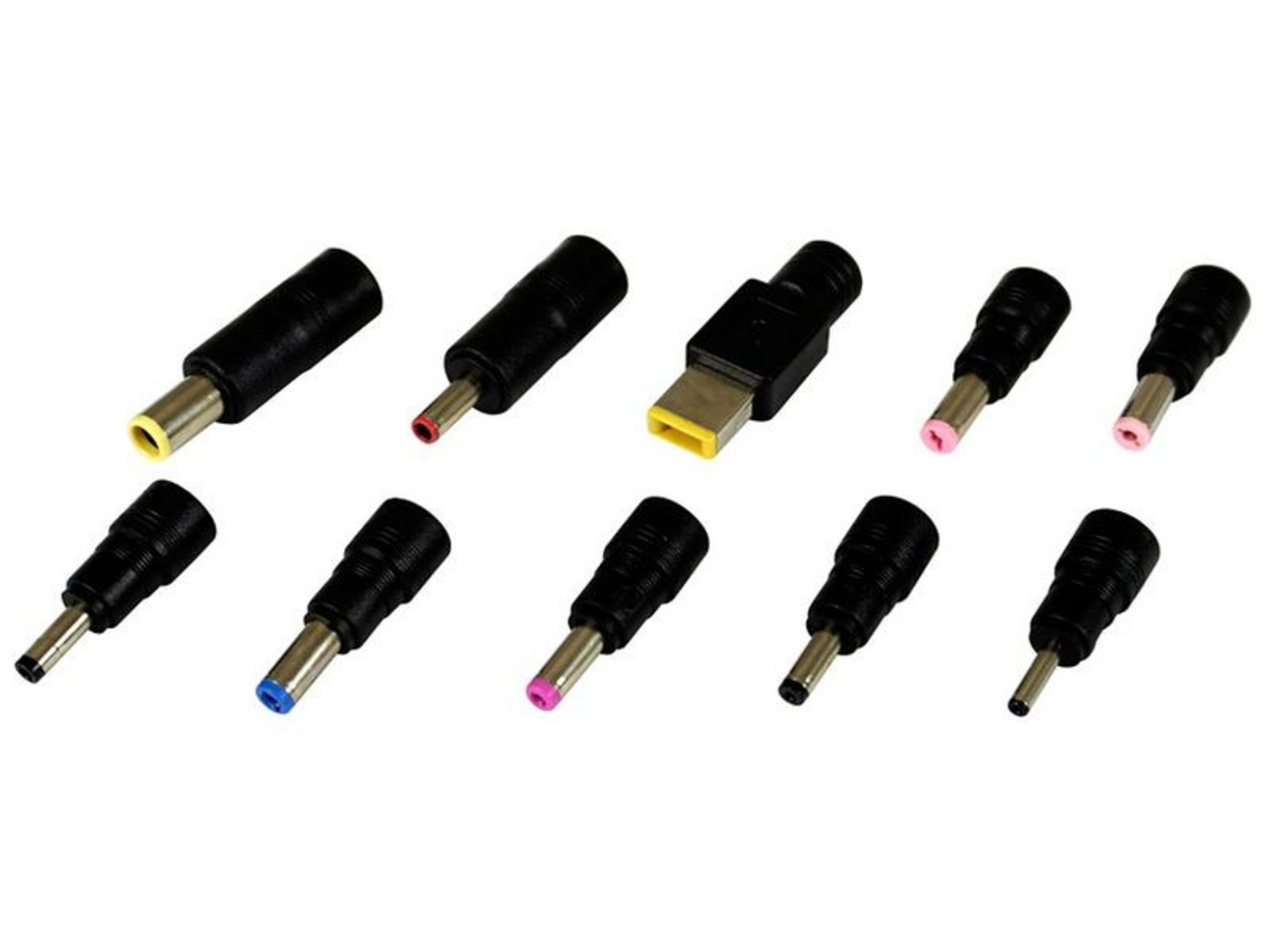 Dziesięć czarnych wtyczek adaptera z kolorowymi końcówkami na białym tle.
