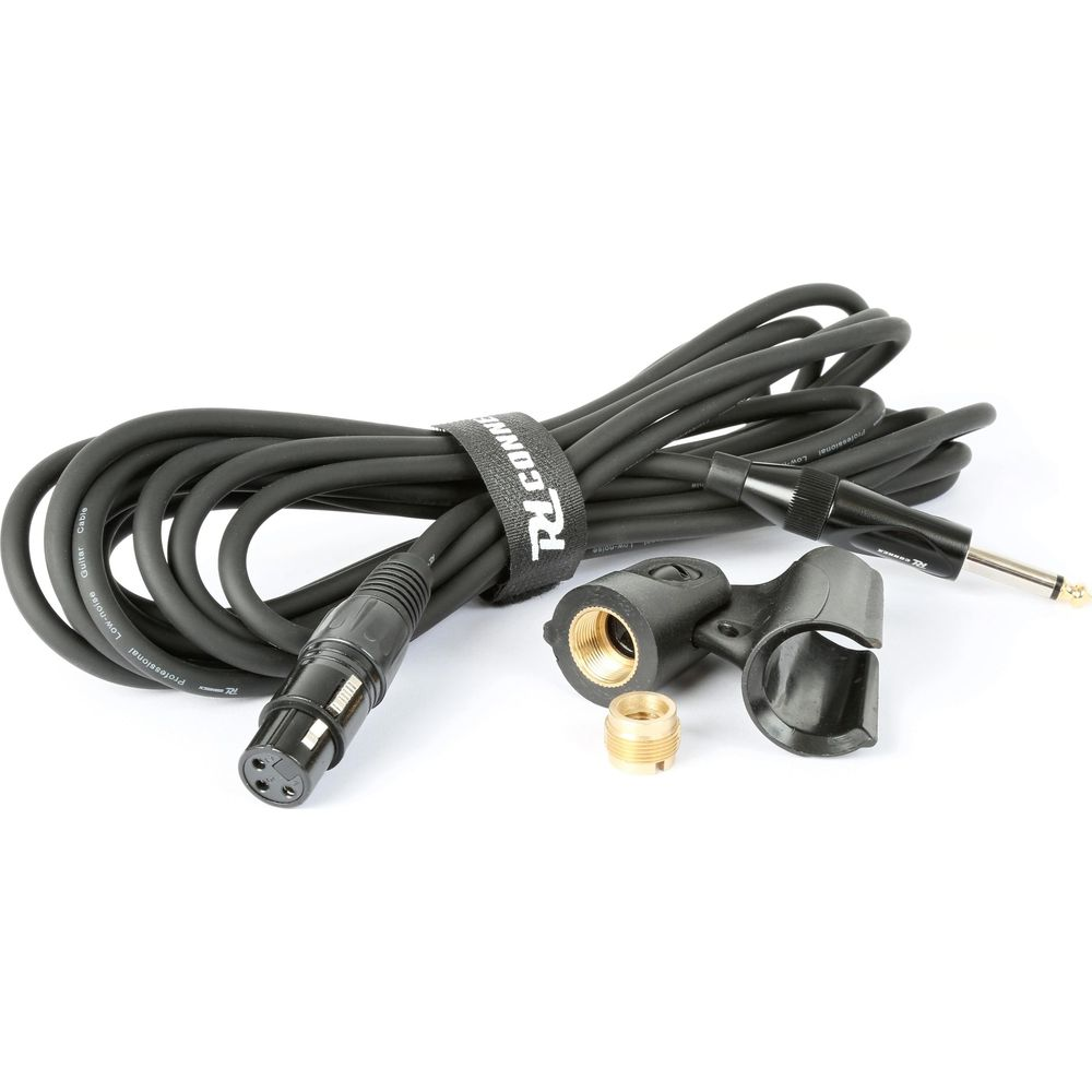 Czarny kabel audio z wtyczką XLR, wtykiem jack i klipsem mikrofonowym.