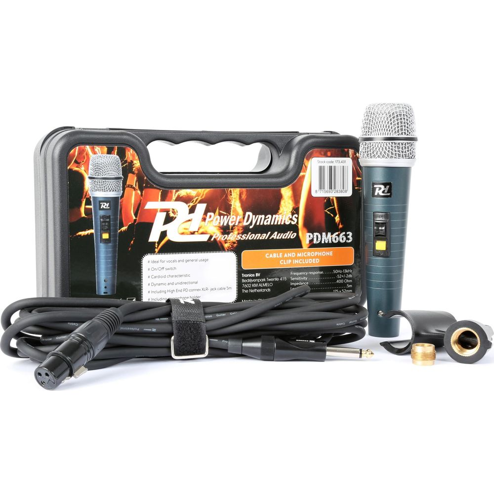 Czarny i niebieski mikrofon dynamiczny z kablem, klipsem i etui.