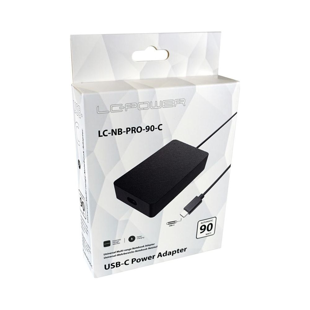 Opakowanie czarnego zasilacza LC-Power USB-C o mocy 90W.