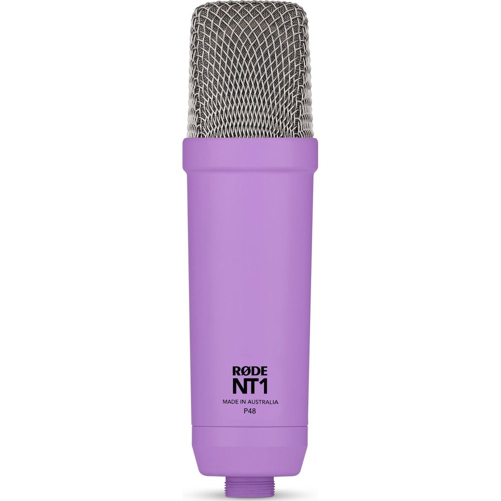 Lawendowy mikrofon z srebrną kratką i czarnym napisem na białym tle.