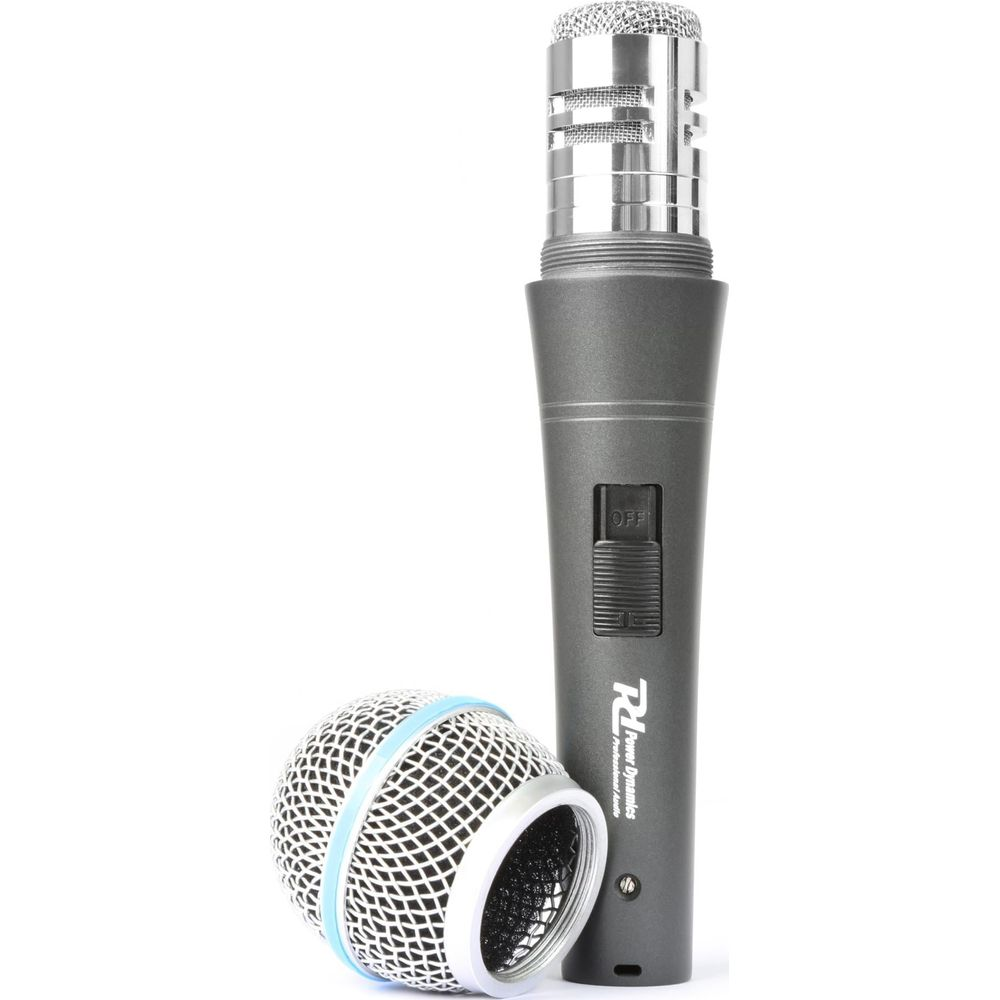 Szary mikrofon z odpinaną głowicą na białym tle.