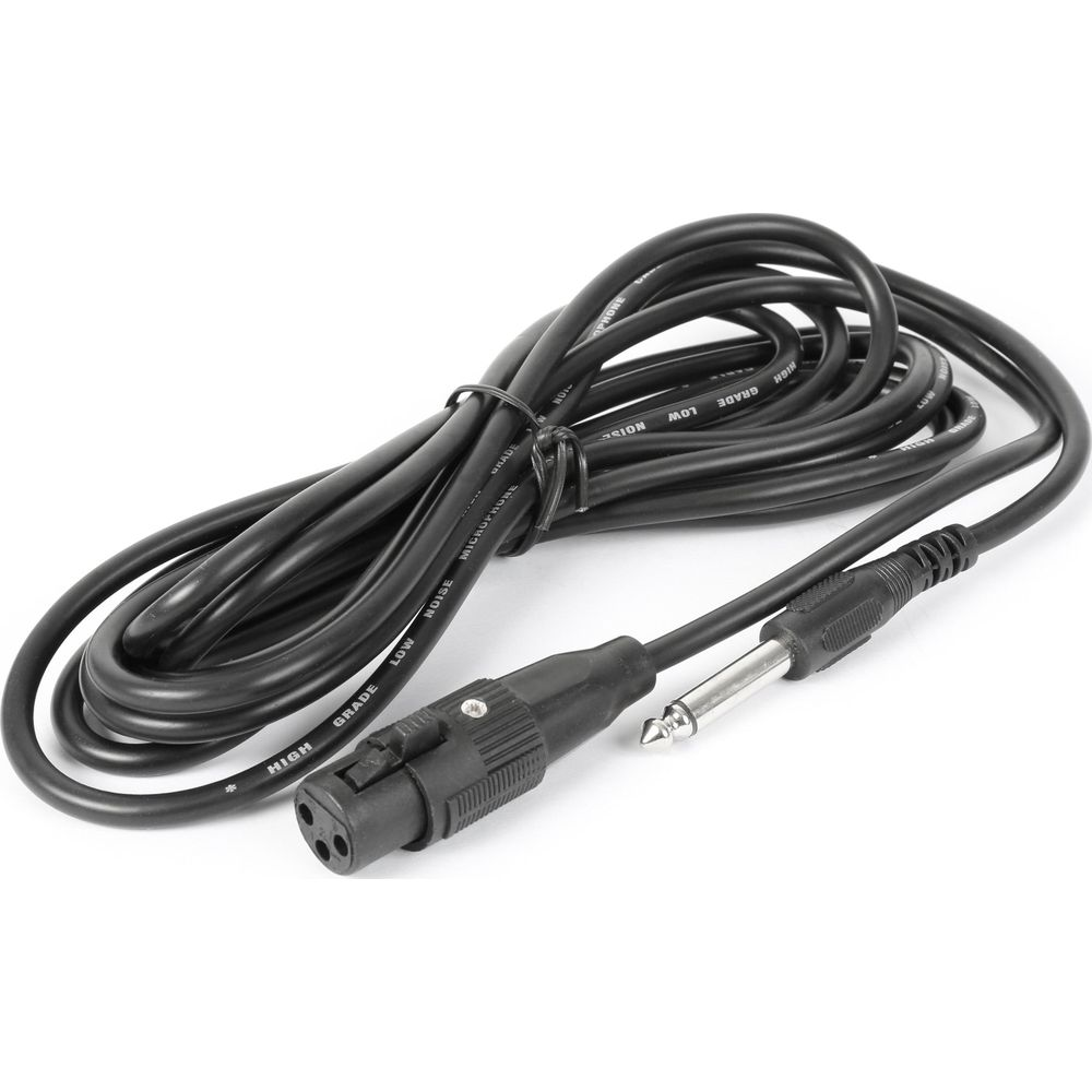 A black XLR to jack cable, low noise, on a white surface.