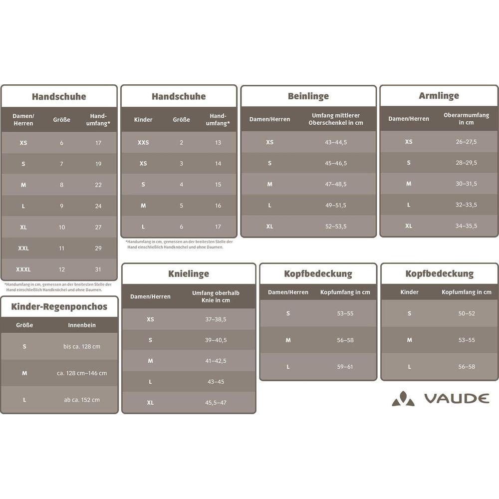 Tabele rozmiarów rękawic, ocieplaczy nóg, rękawów, nakolanników i nakryć głowy.