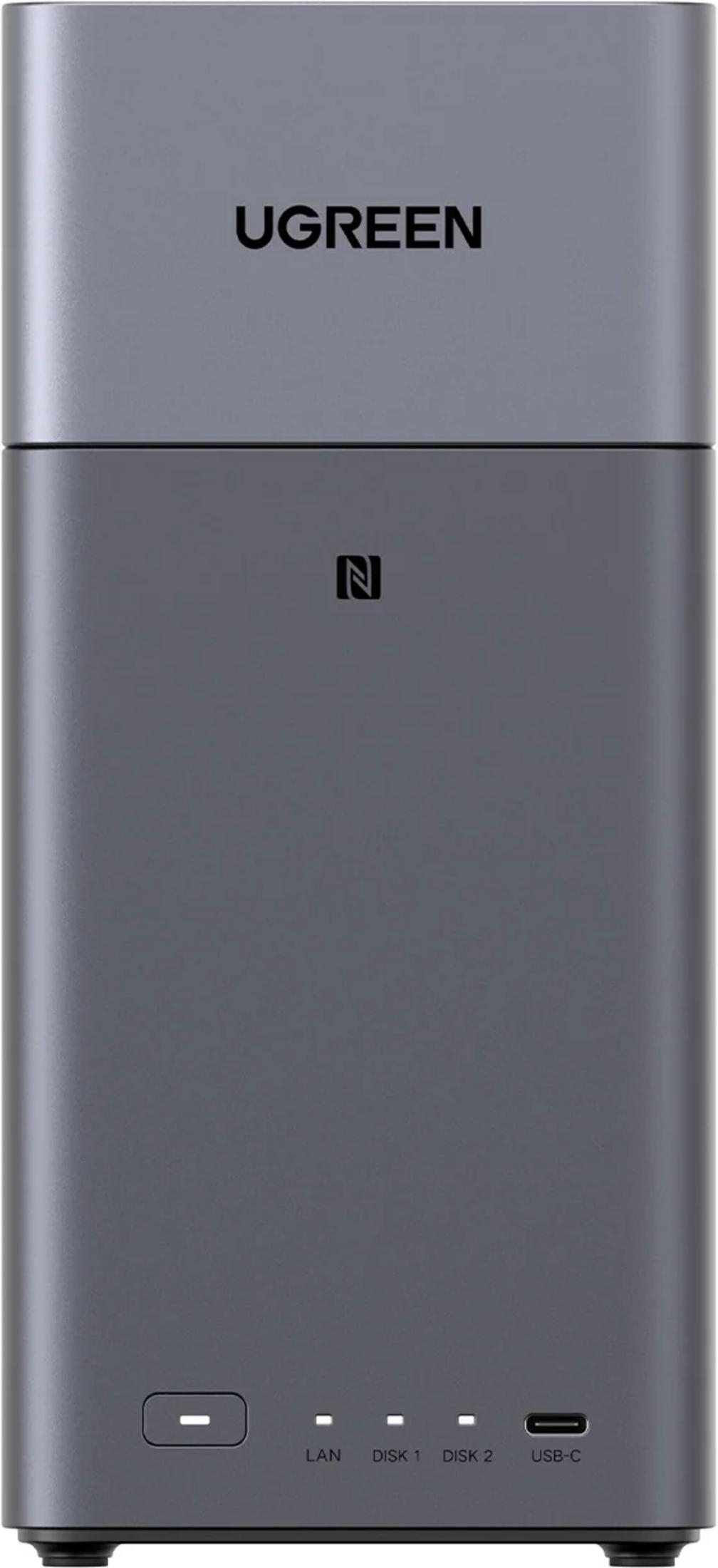 Szare urządzenie UGREEN z logo NFC i portami: LAN, Dysk 1, Dysk 2, USB-C.