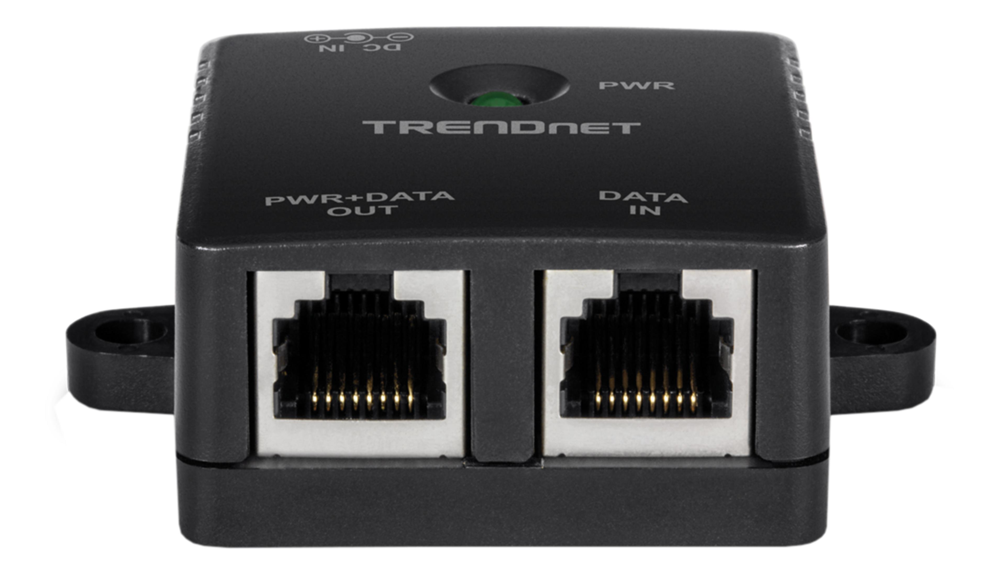Appareil Trendnet noir avec deux ports RJ45 et entrée d'alimentation DC-IN.