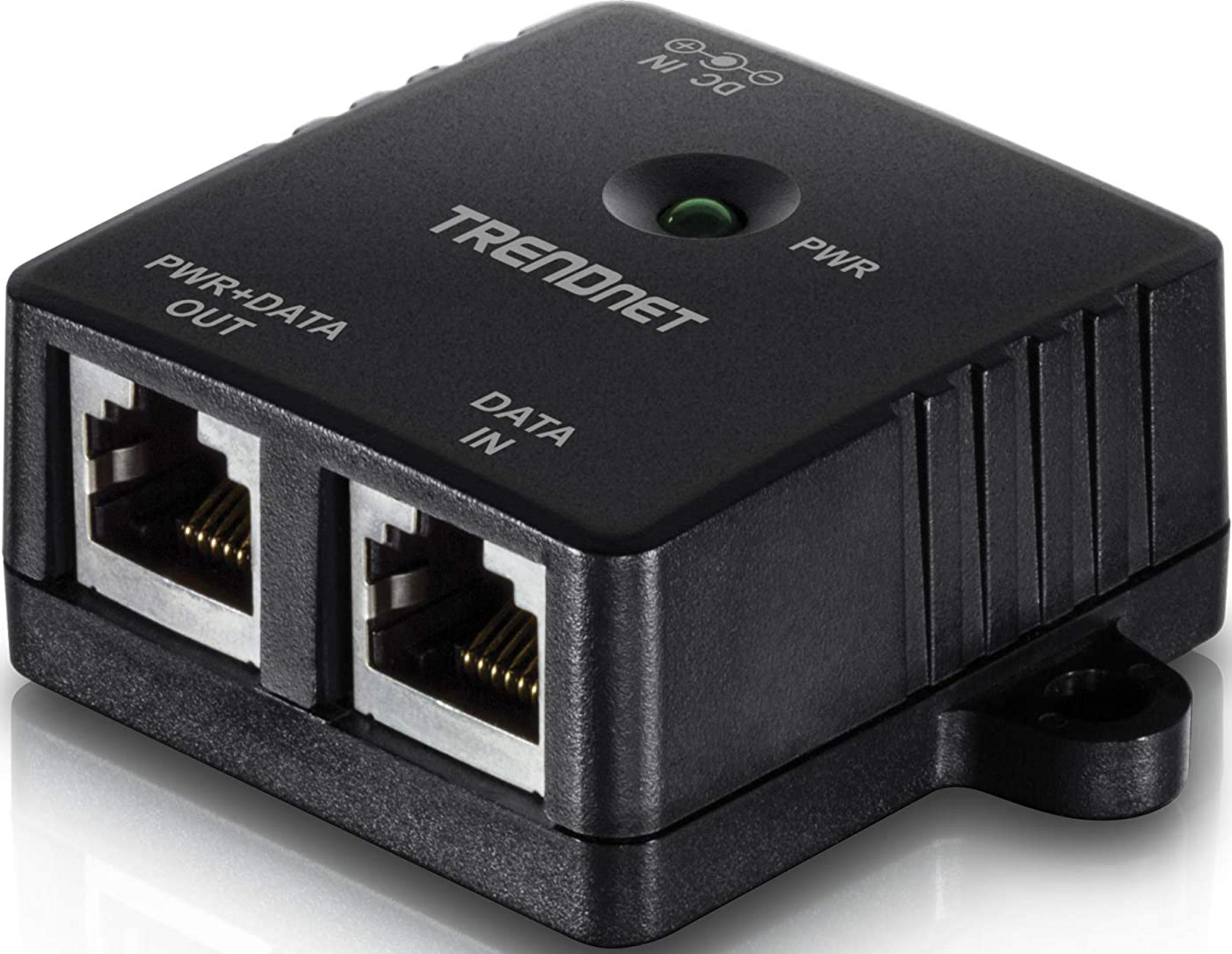 Splitter PoE TRENDnet noir avec deux ports Ethernet et une LED verte.