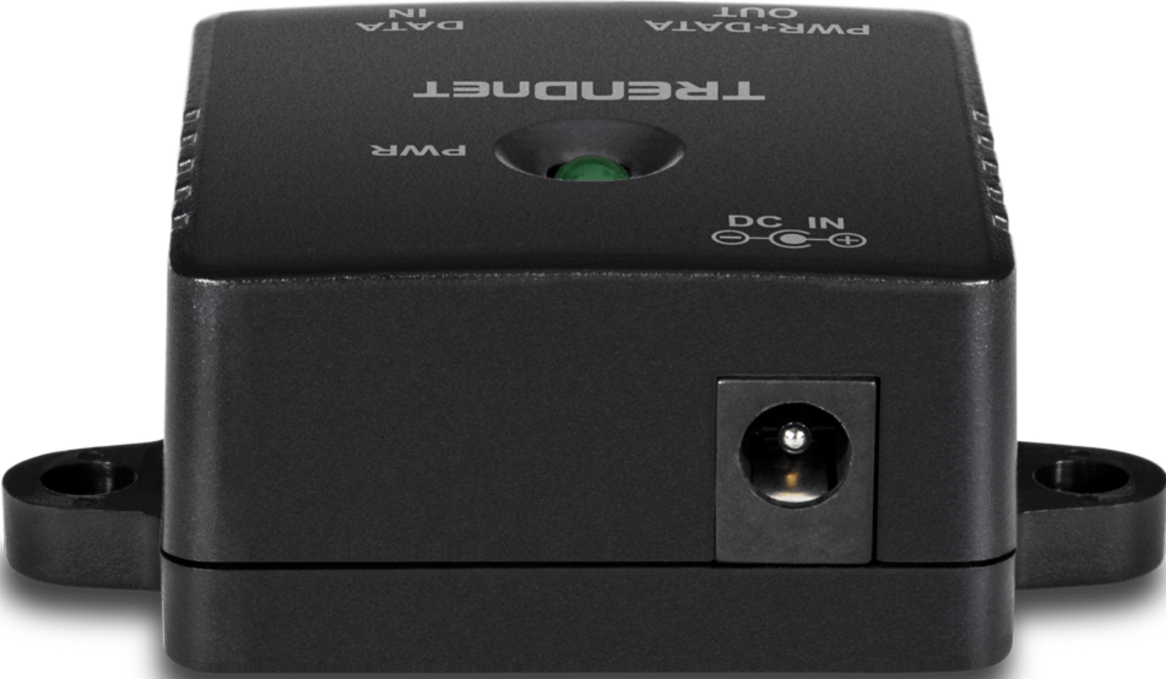 Appareil Trendnet noir avec port DC IN, étiquettes PWR et DATA IN/OUT.