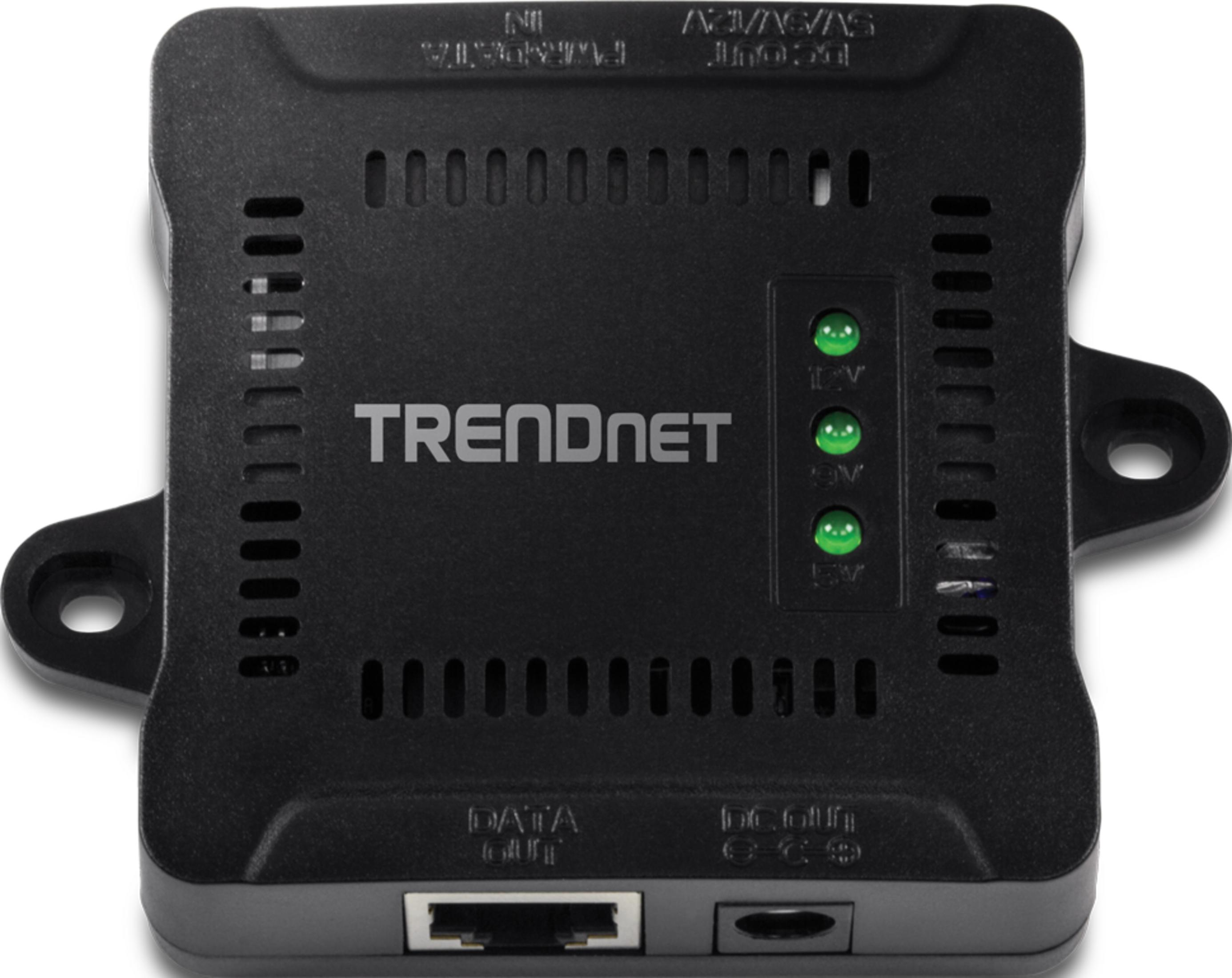Schwarzer TRENDnet-Adapter mit drei grünen LEDs, Ethernet-Anschluss und DC-Buchse.