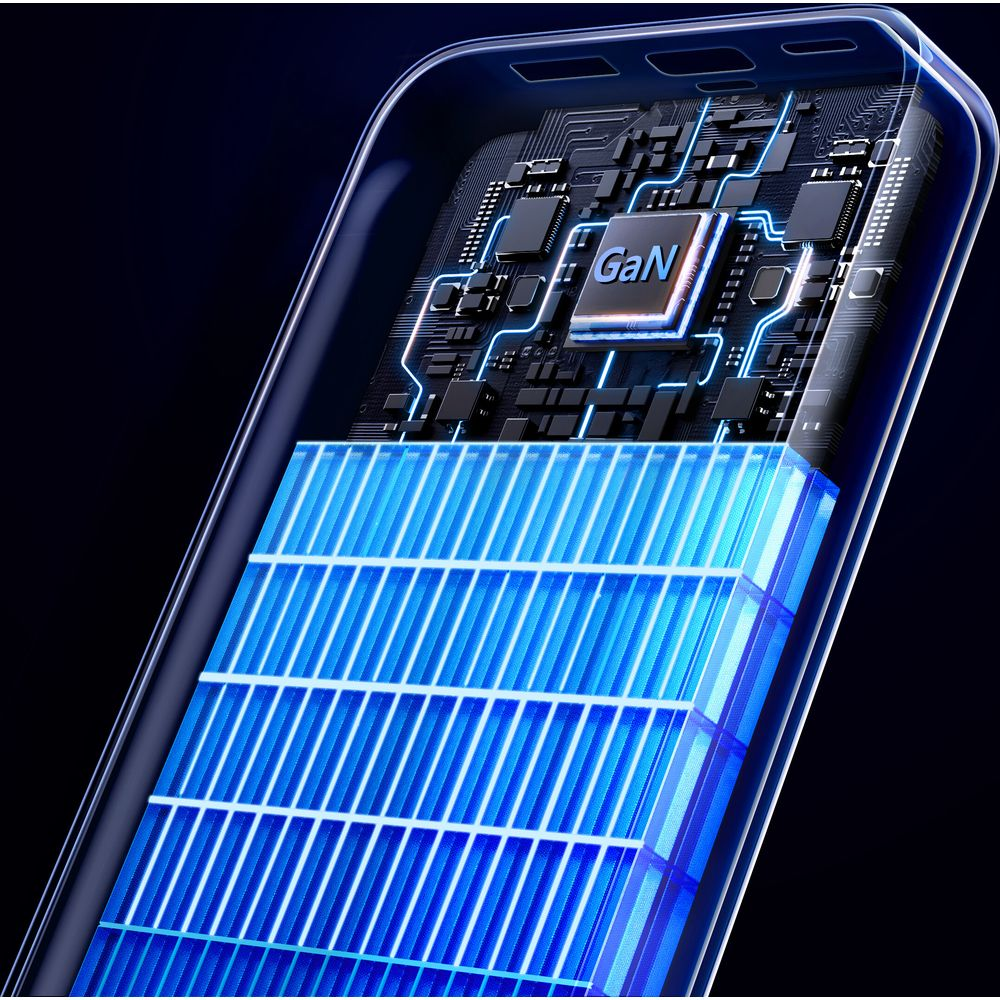 Widok wnętrza smartfona z niebieskimi ogniwami baterii i chipem GaN.