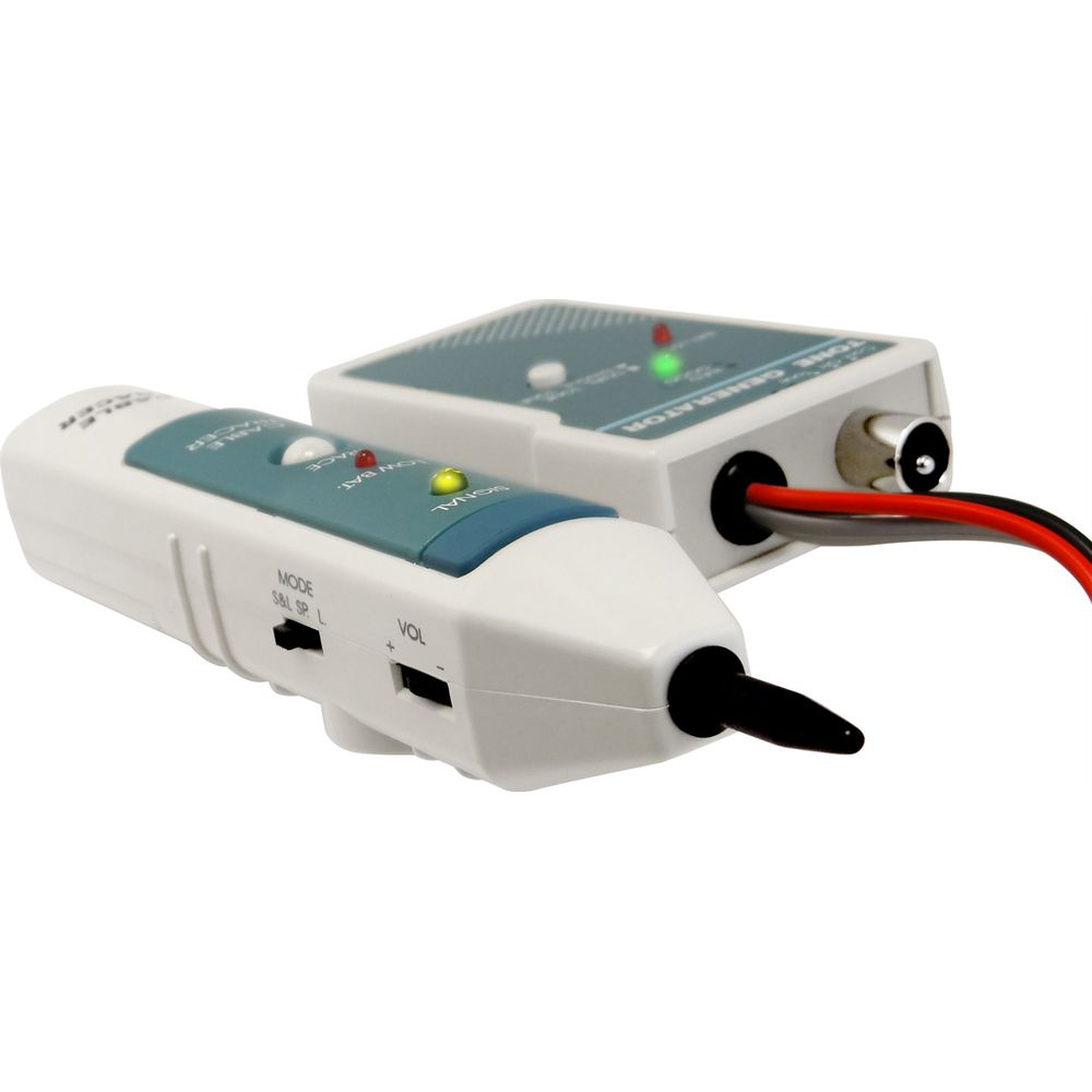 Biały tester kabli i generator tonów z przewodami na białym tle.