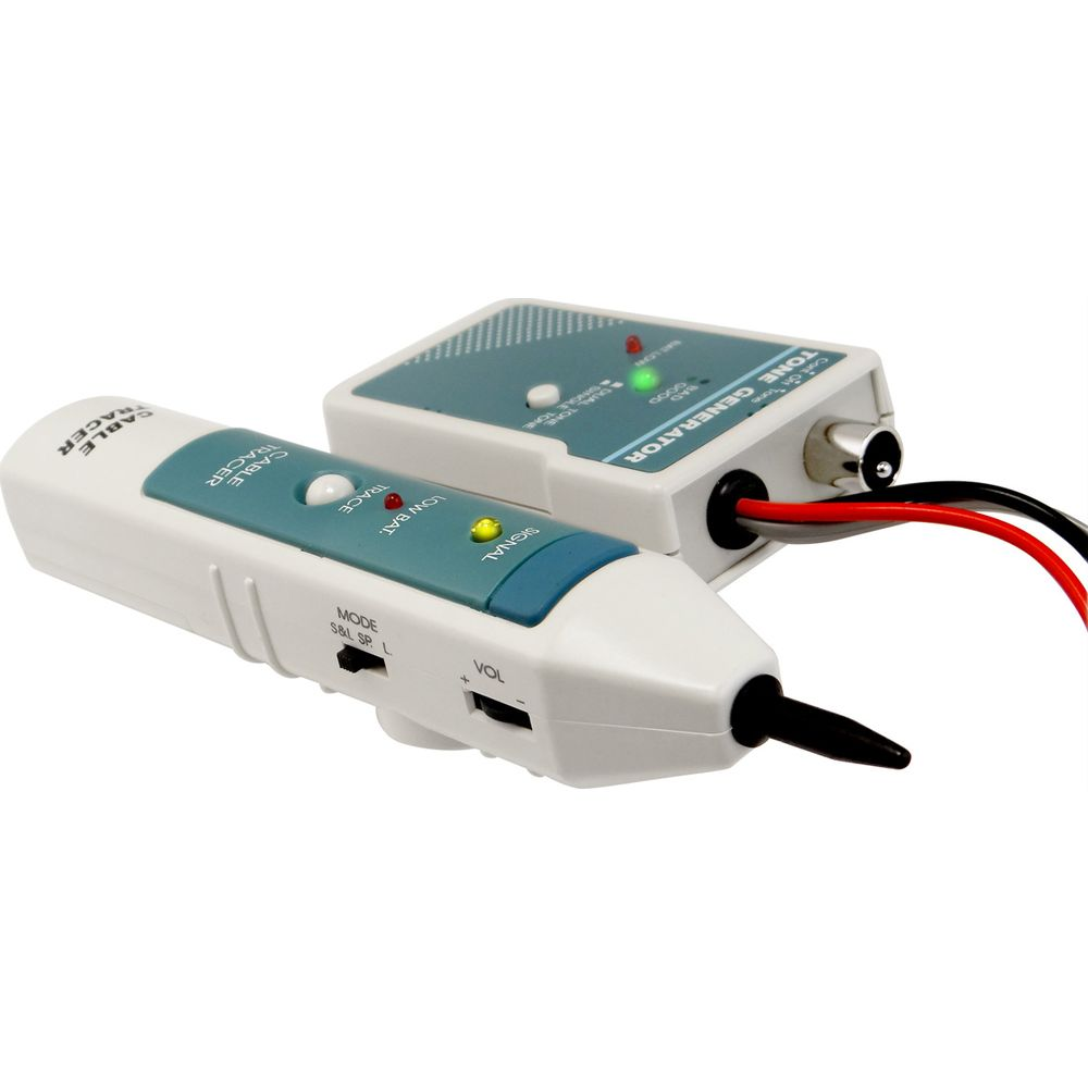 Biały tester kabli i generator tonów z niebieskimi akcentami na białym tle.