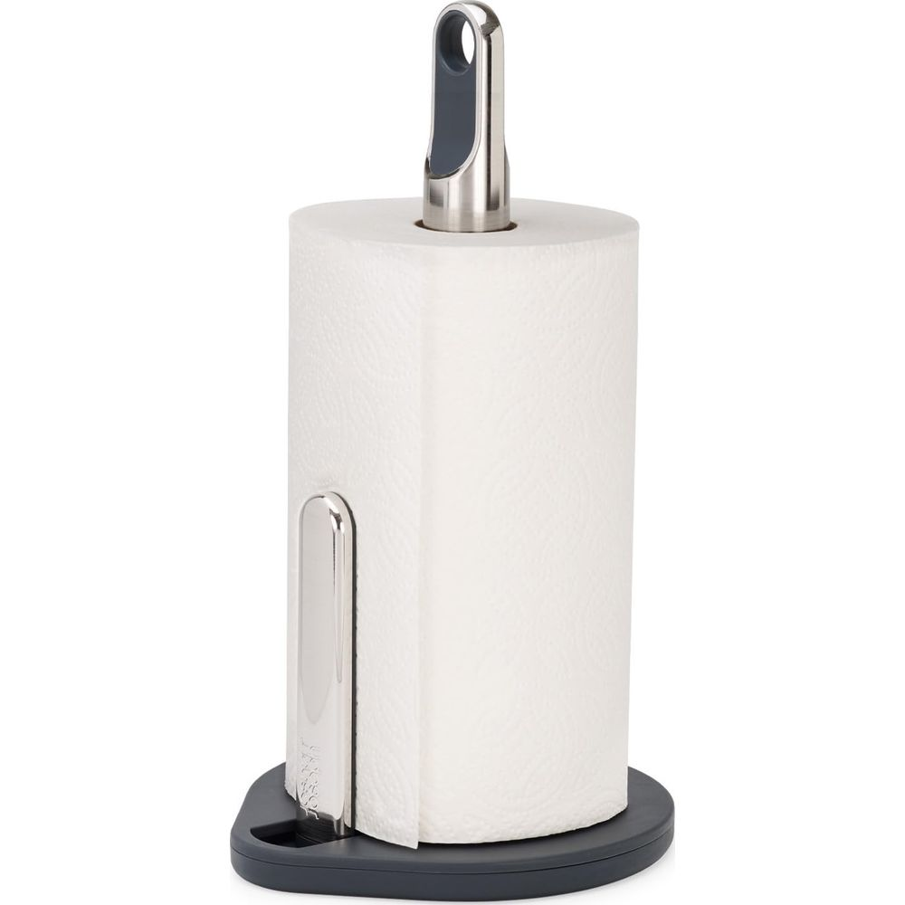 Un porta rotolo da cucina in metallo e plastica scura, con un rotolo di carta bianca.