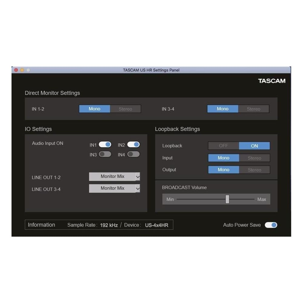 Panel ustawień TASCAM US HR z kontrolkami audio I/O, loopback i głośności transmisji.