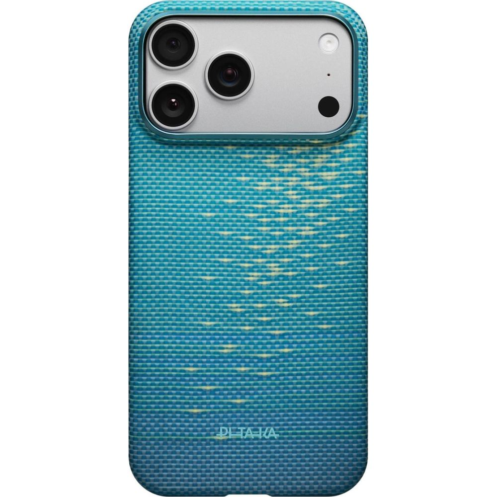 Una funda azul para iPhone con 3 cámaras y detalles amarillos.