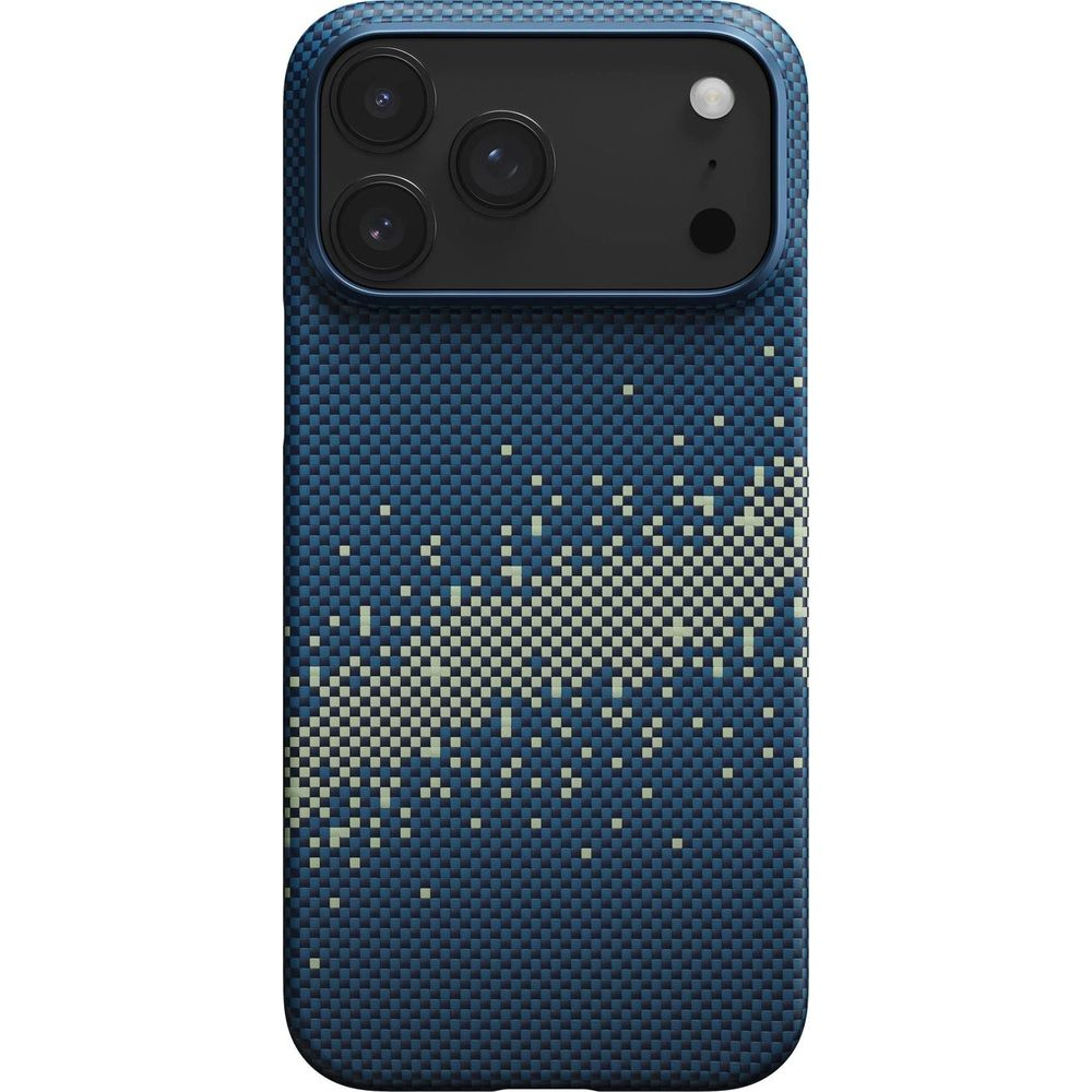 Custodia blu scuro per telefono con motivo a pixel e modulo fotocamera.