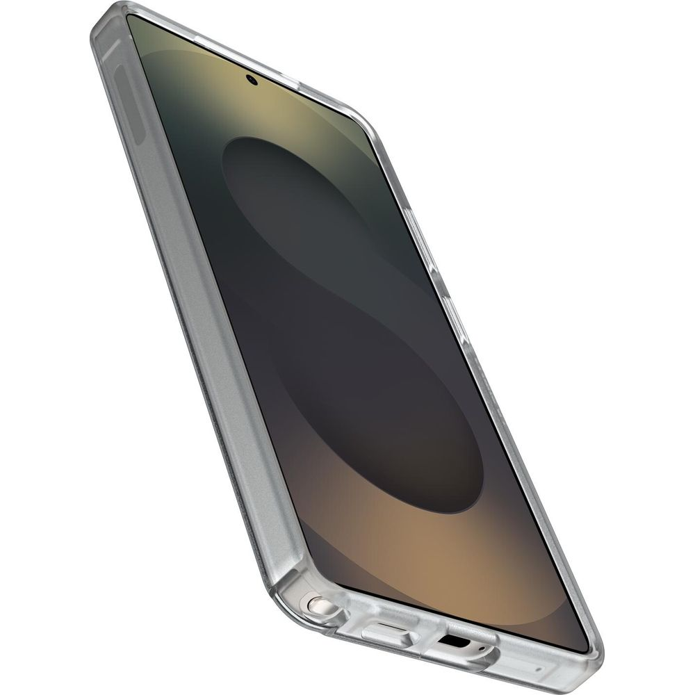 Een doorzichtige telefoonhoes met een grijze rand op een witte achtergrond.