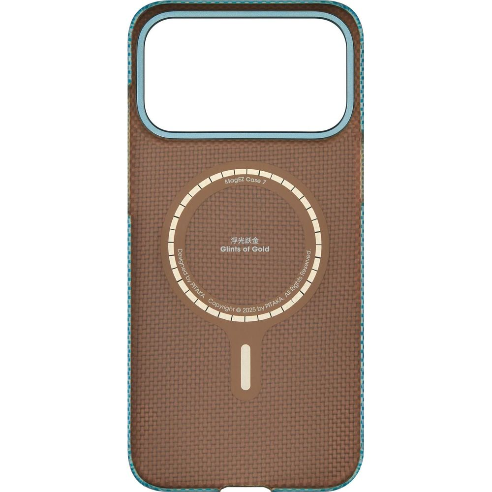 Funda de teléfono marrón con anillo MagSafe y texto.