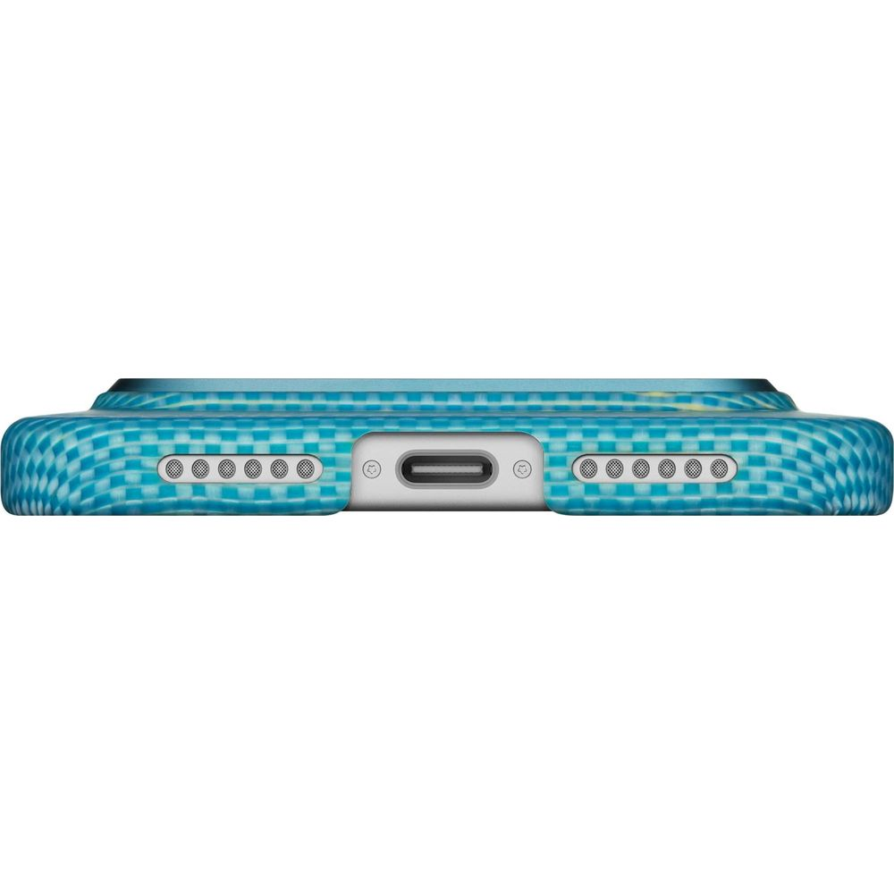 Una funda de teléfono azul con patrón a cuadros y puerto de carga.