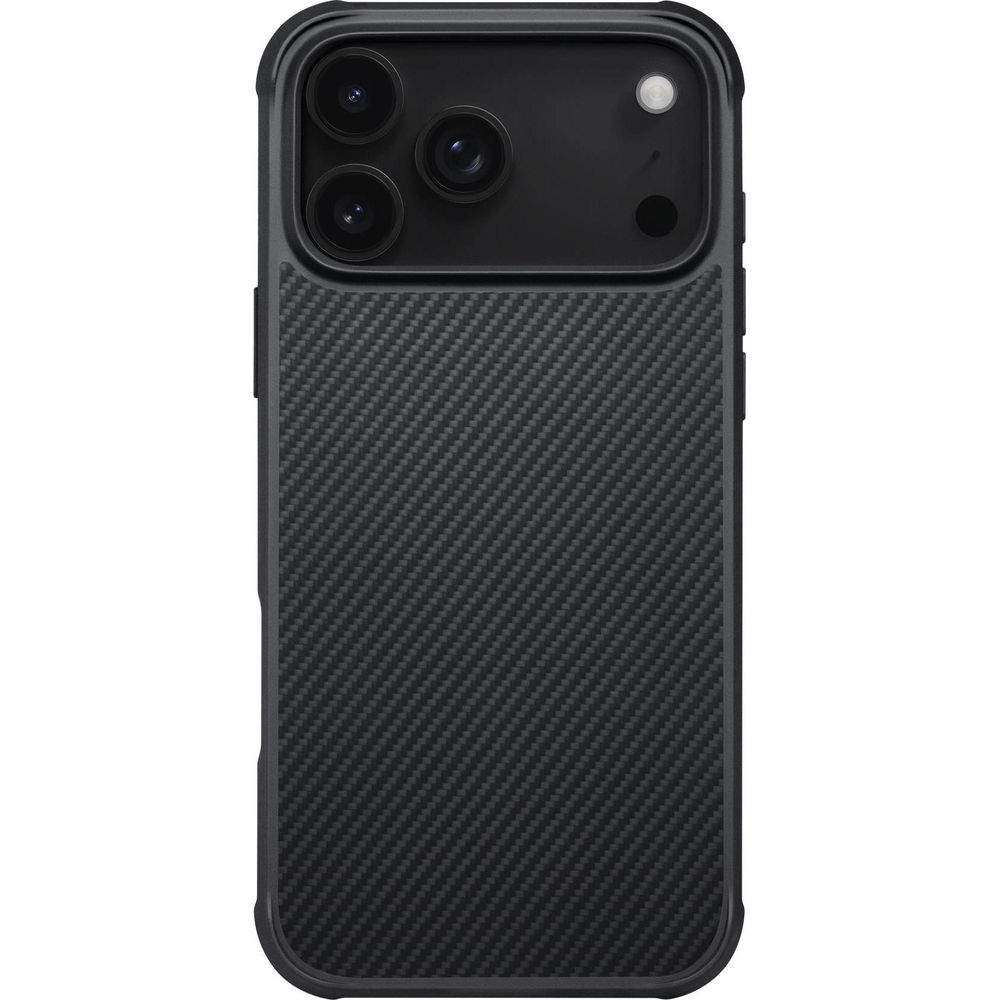 Schwarze iPhone-Hülle mit Carbonfaser-Textur und Kamera-Ausschnitt.