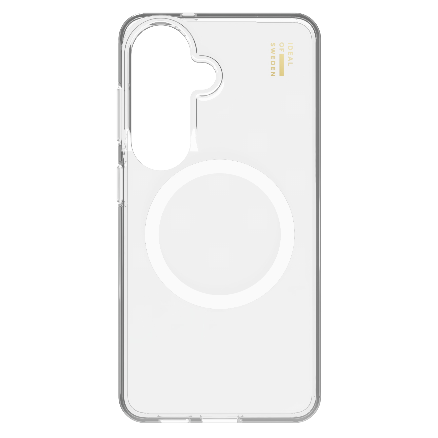 Transparente Handyhülle mit Magnetring und Logo oben rechts.