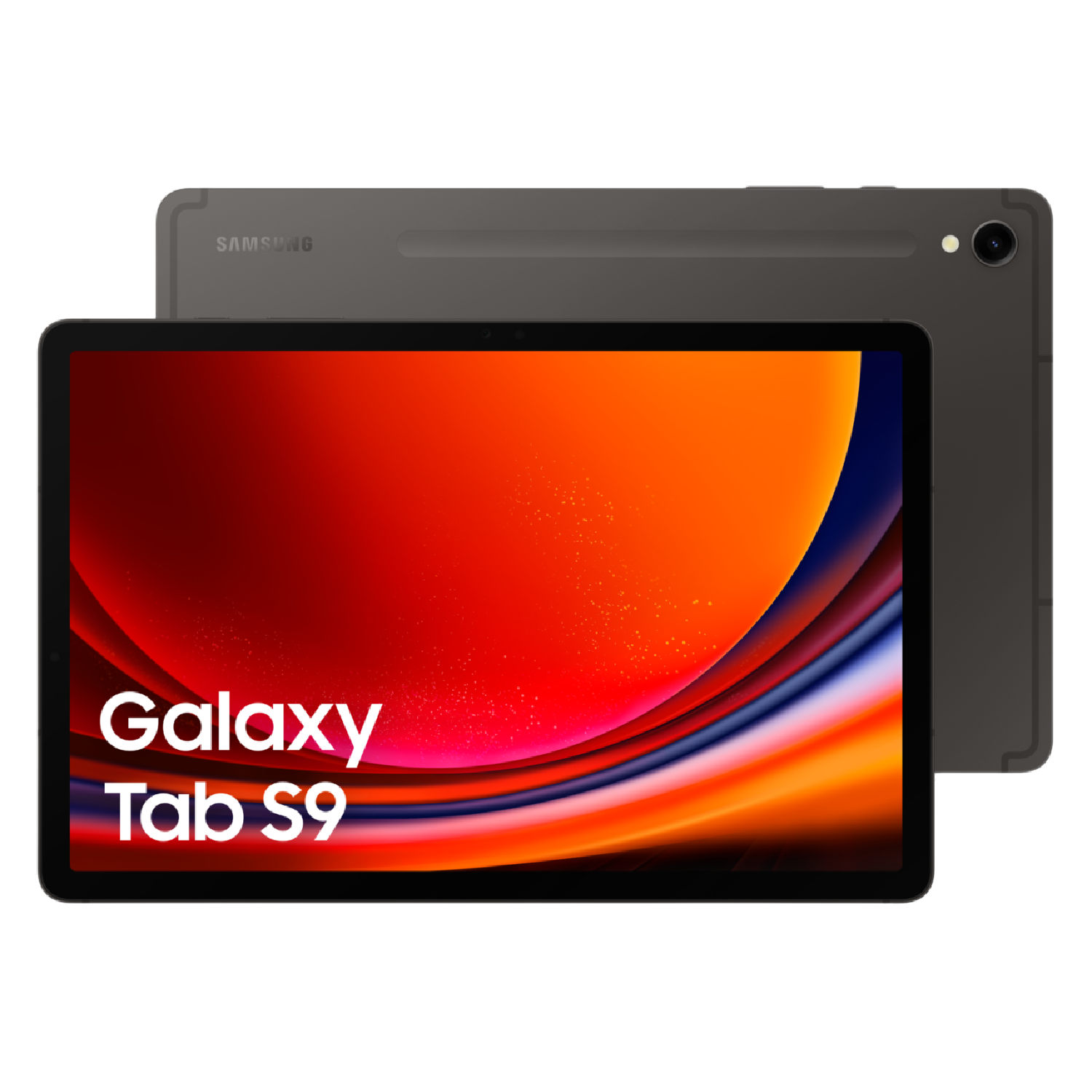 Szary tablet Samsung Galaxy Tab S9 wyświetla kolorową tapetę na ekranie.