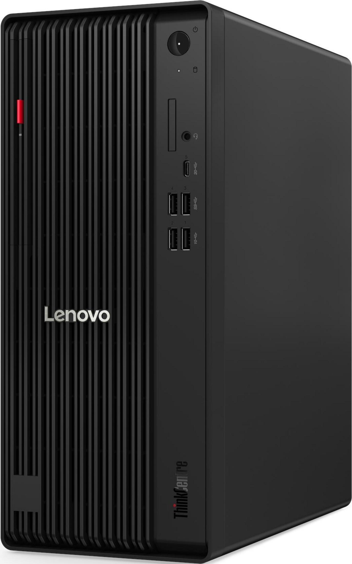 Computer desktop Lenovo ThinkCentre nero con prese d'aria verticali e porte anteriori.